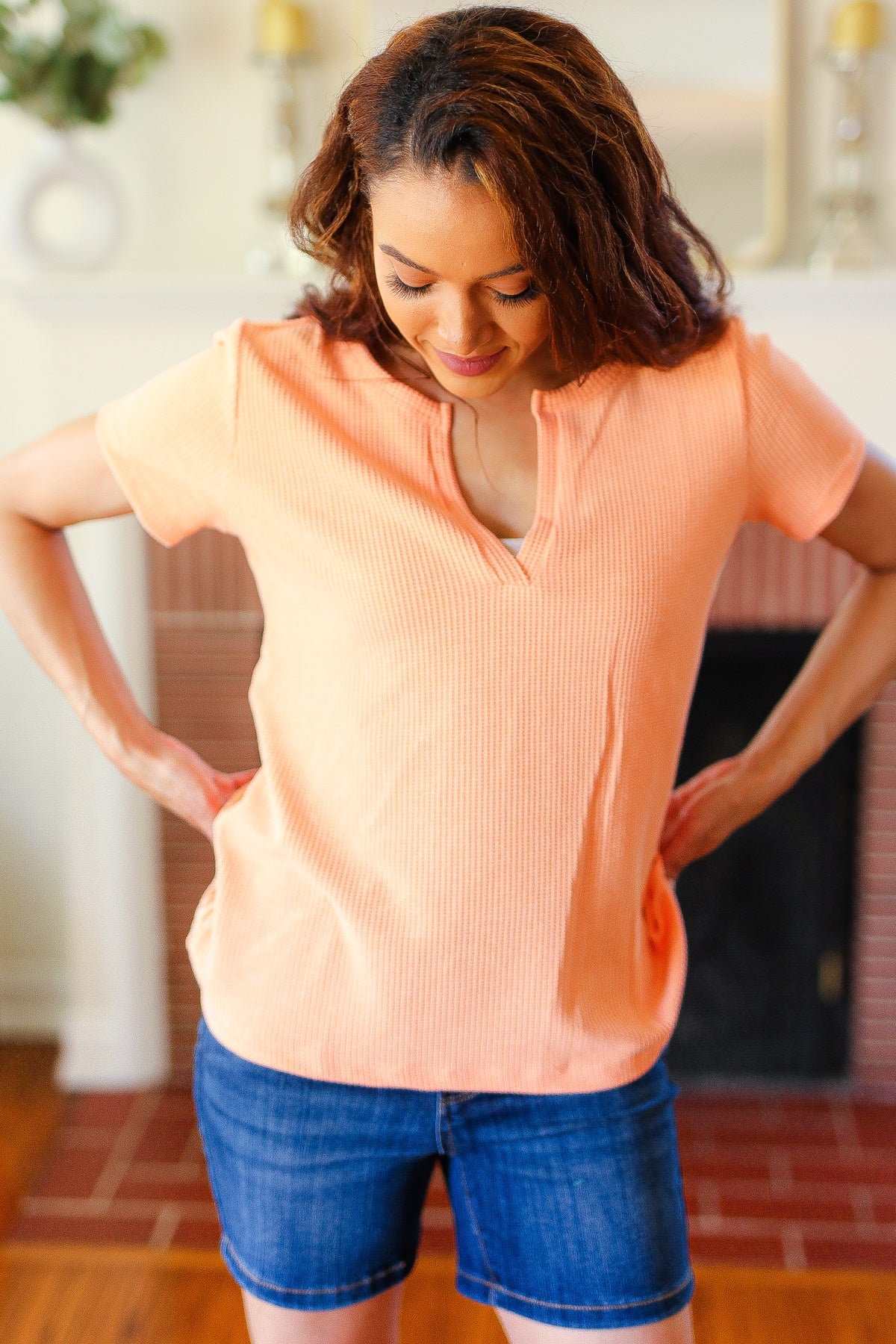 Feel Your Best Coral Baby Waffle Henley Neckline Top-Modish Lily, Tecumseh Michigan