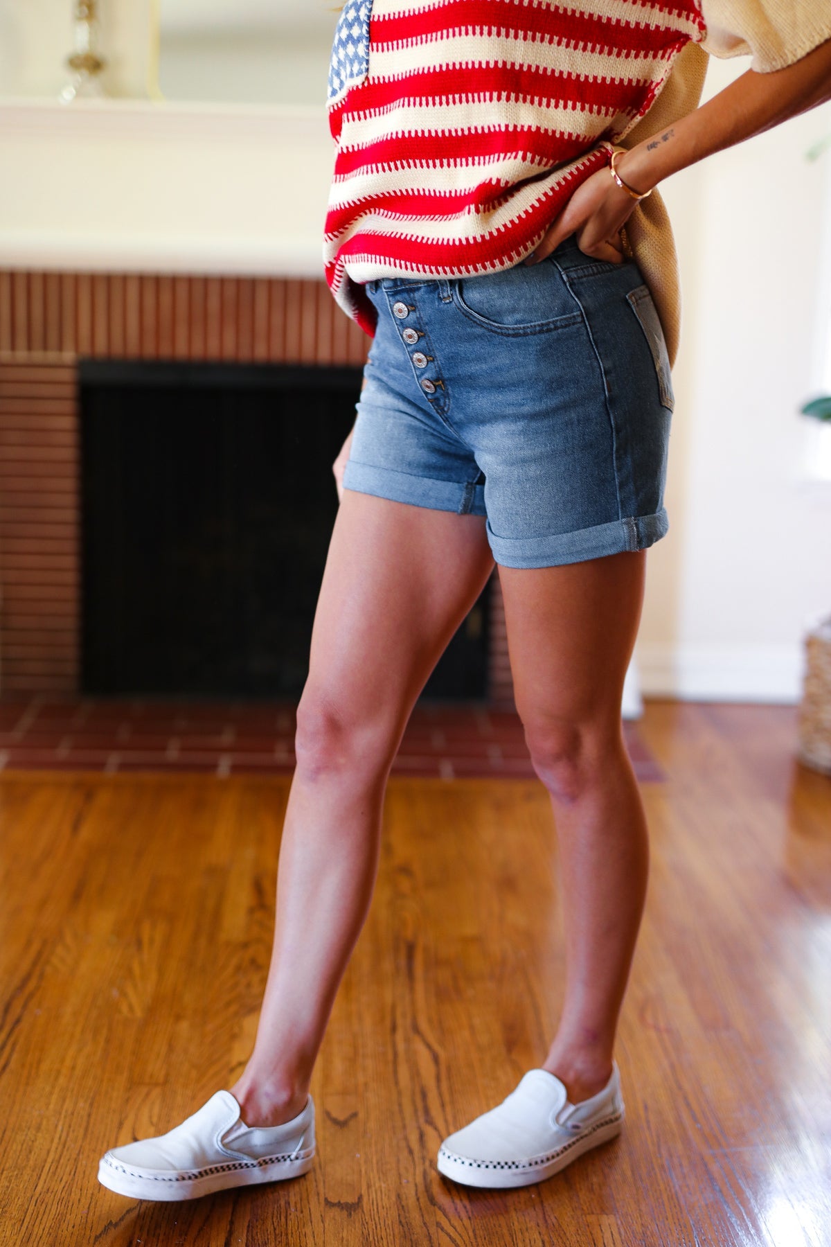 Stars & Stripes Pocket Button Down Cuffed Hem Shorts-Modish Lily, Tecumseh Michigan