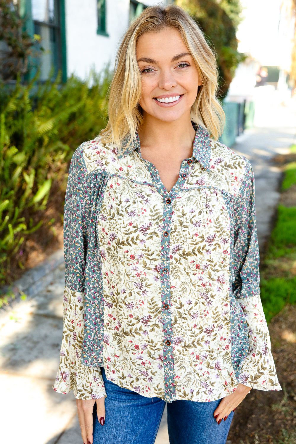 Diva Dreams Mint & Oatmeal Floral Button-Down Bell Sleeve Top-Modish Lily, Tecumseh Michigan