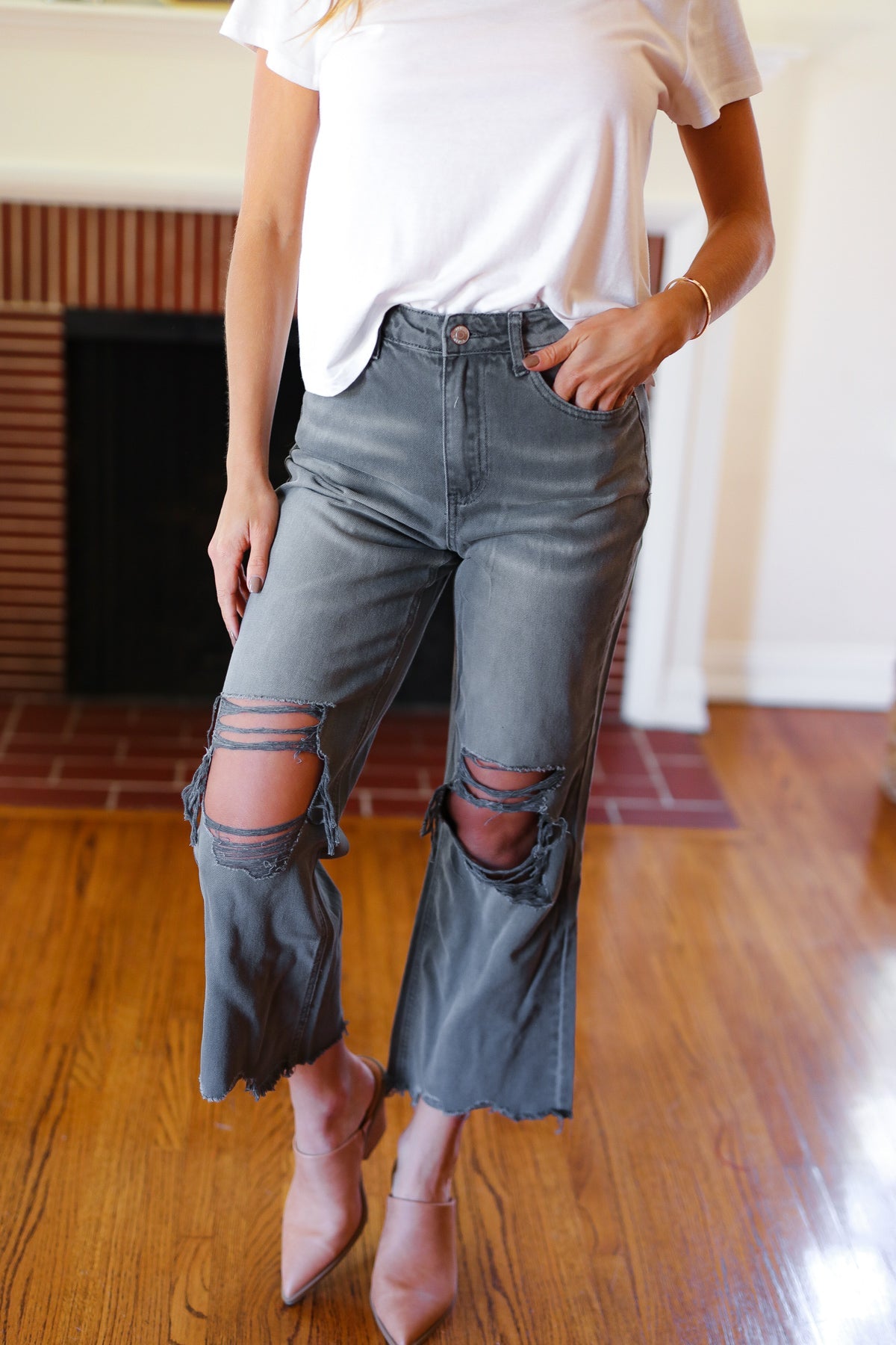 Cut Loose Ash Black High Rise Washed Distressed Cropped Pants-Modish Lily, Tecumseh Michigan