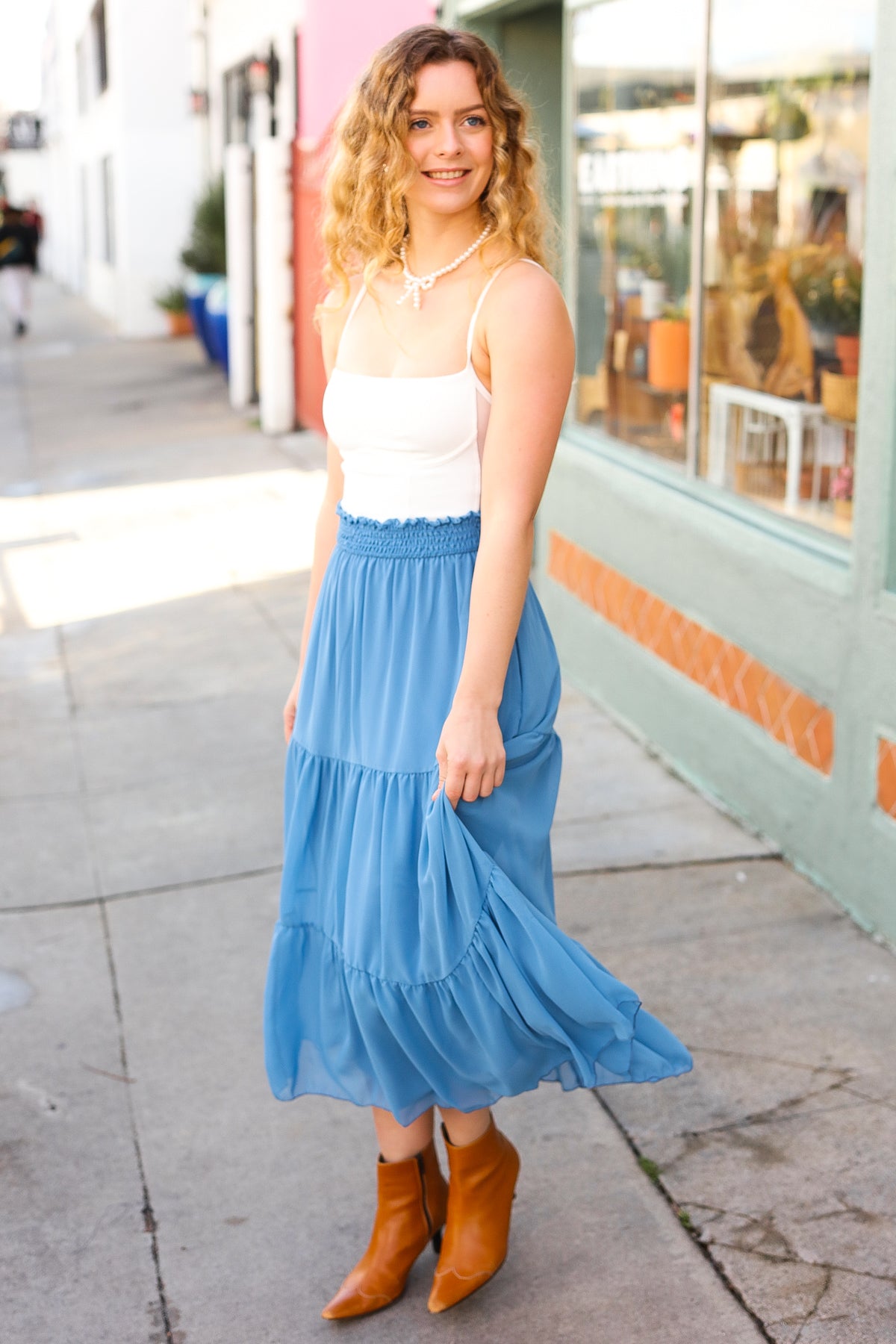 Look of Love Denim Blue Smocked Waist Tiered Chiffon Skirt-Modish Lily, Tecumseh Michigan