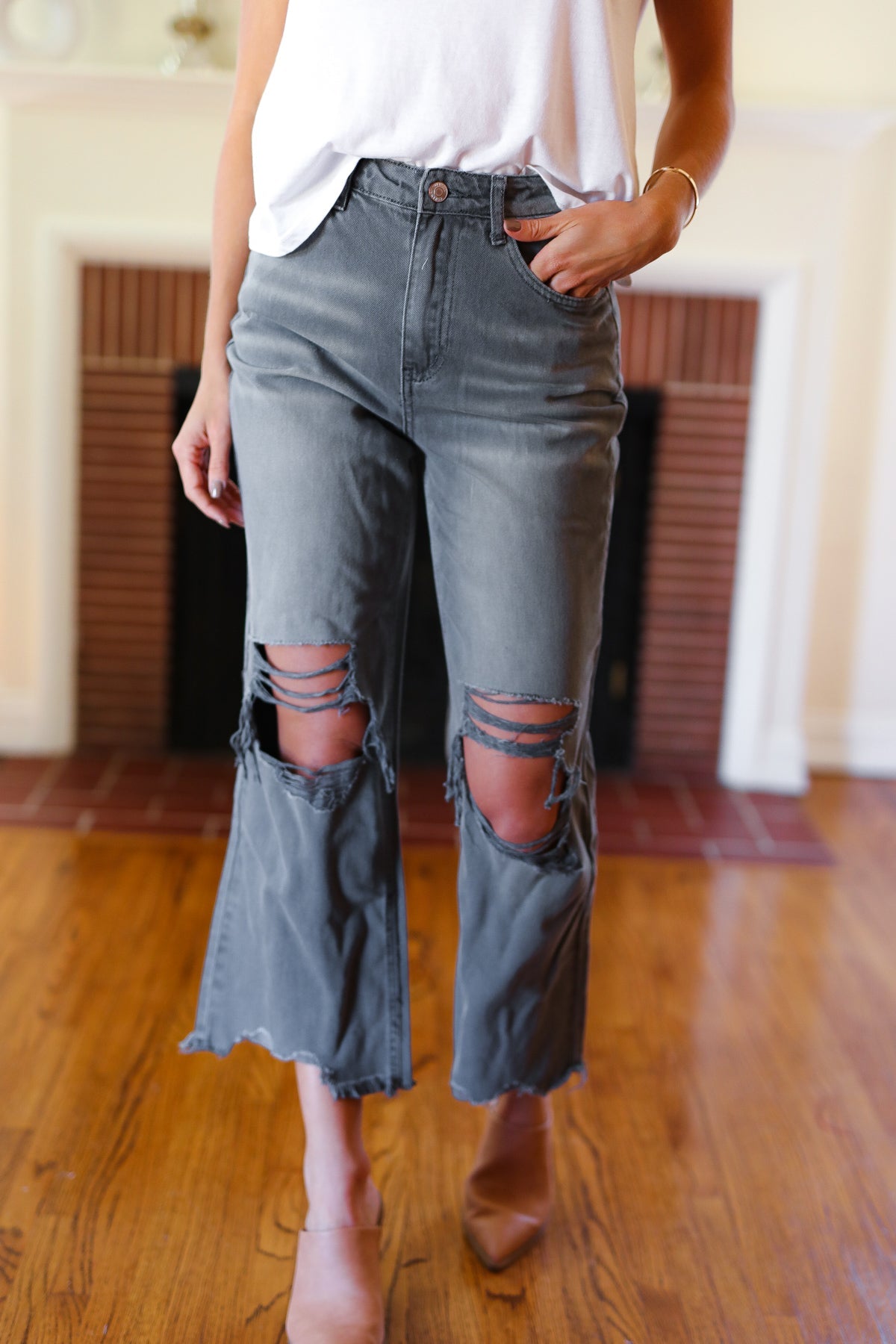 Cut Loose Ash Black High Rise Washed Distressed Cropped Pants-Modish Lily, Tecumseh Michigan