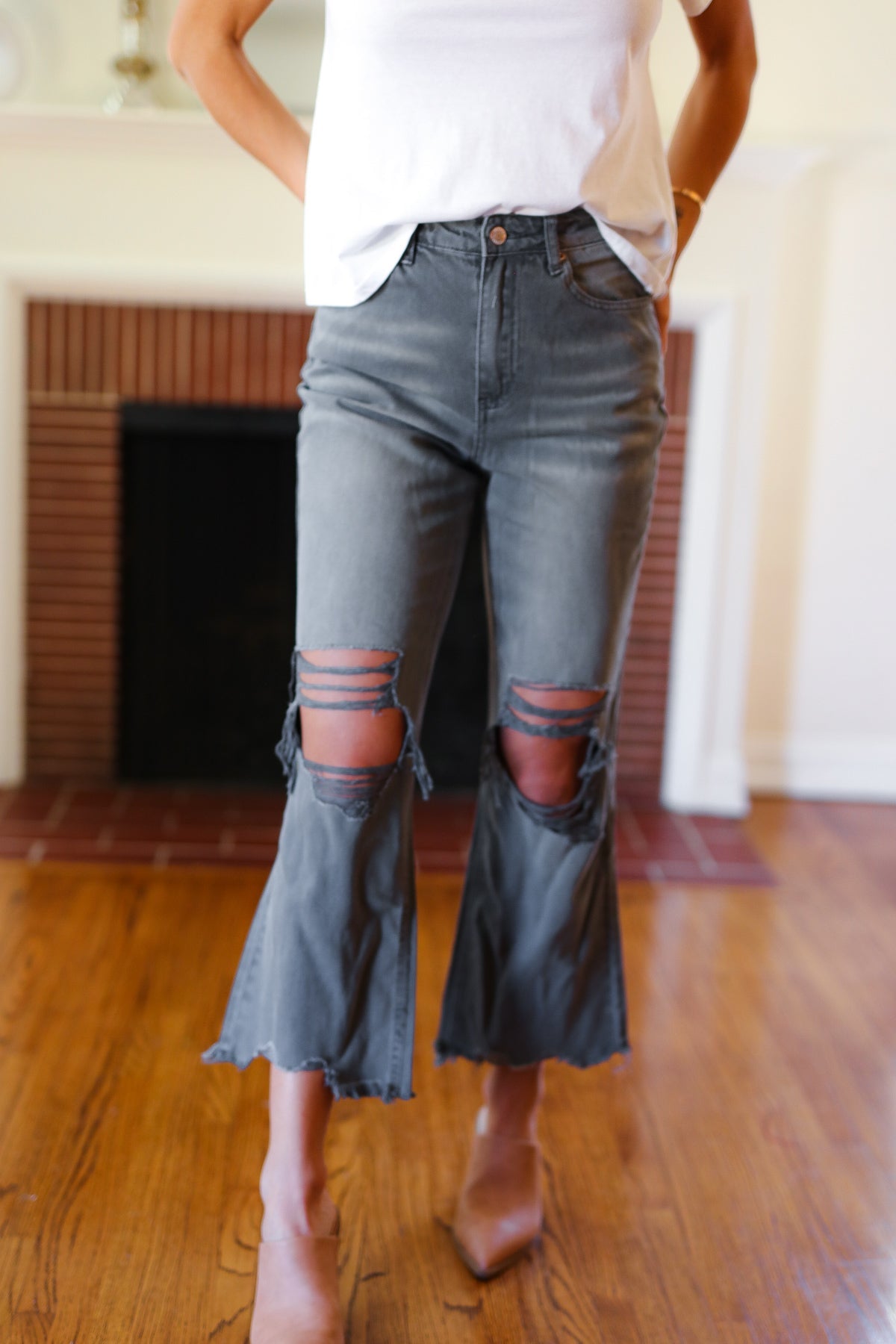 Cut Loose Ash Black High Rise Washed Distressed Cropped Pants-Modish Lily, Tecumseh Michigan