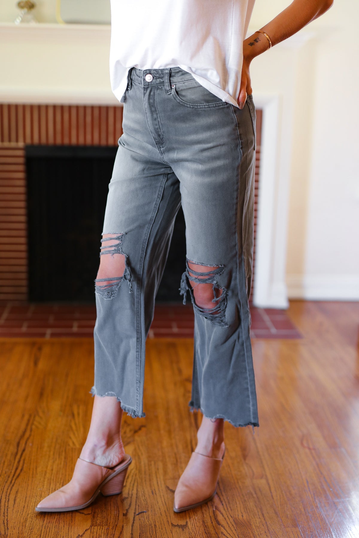 Cut Loose Ash Black High Rise Washed Distressed Cropped Pants-Modish Lily, Tecumseh Michigan