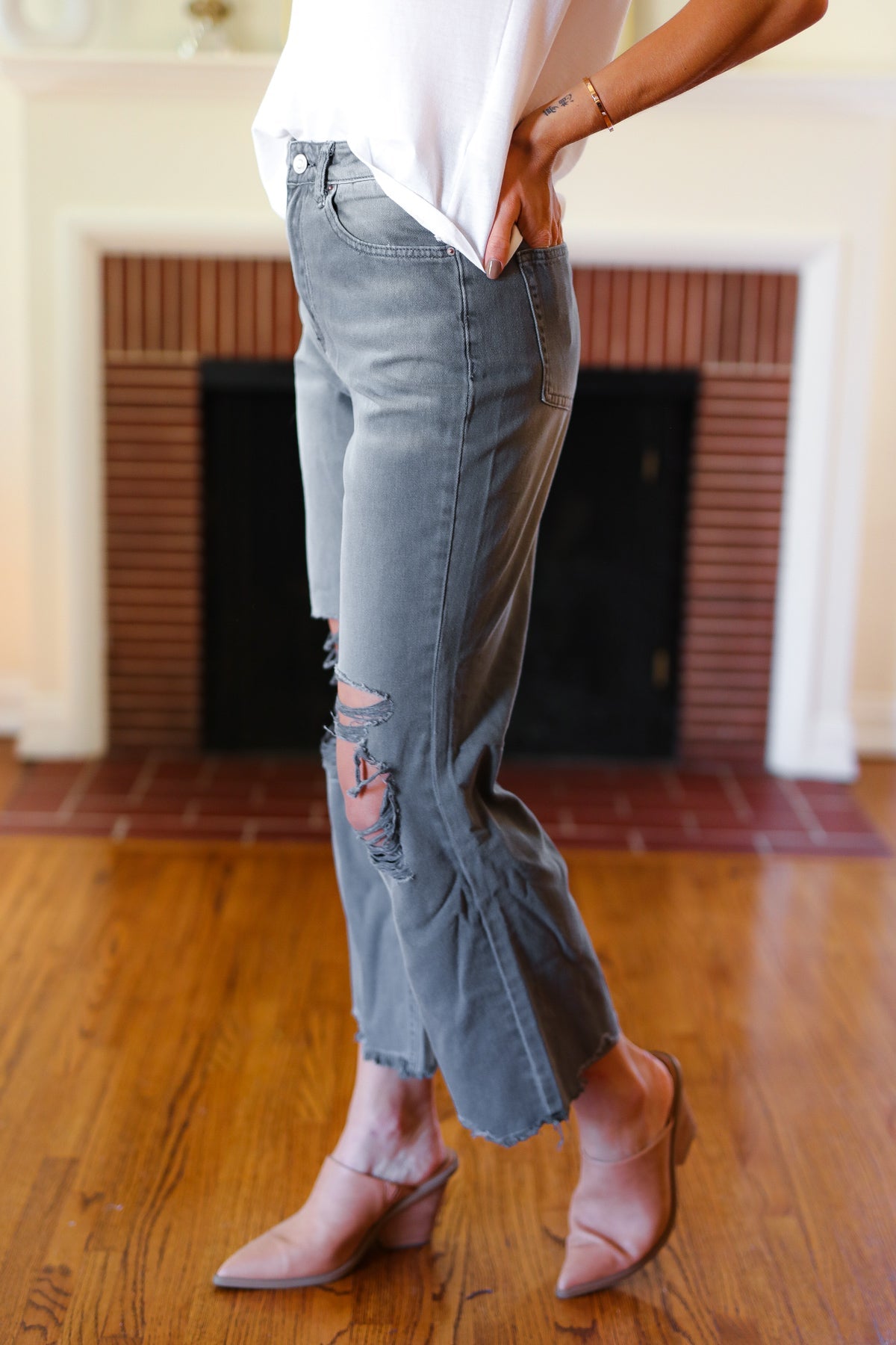 Cut Loose Ash Black High Rise Washed Distressed Cropped Pants-Modish Lily, Tecumseh Michigan