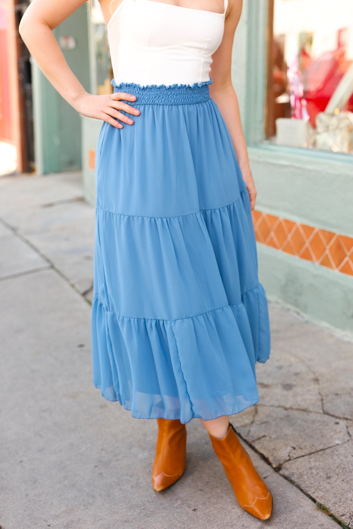 Look of Love Denim Blue Smocked Waist Tiered Chiffon Skirt-Modish Lily, Tecumseh Michigan