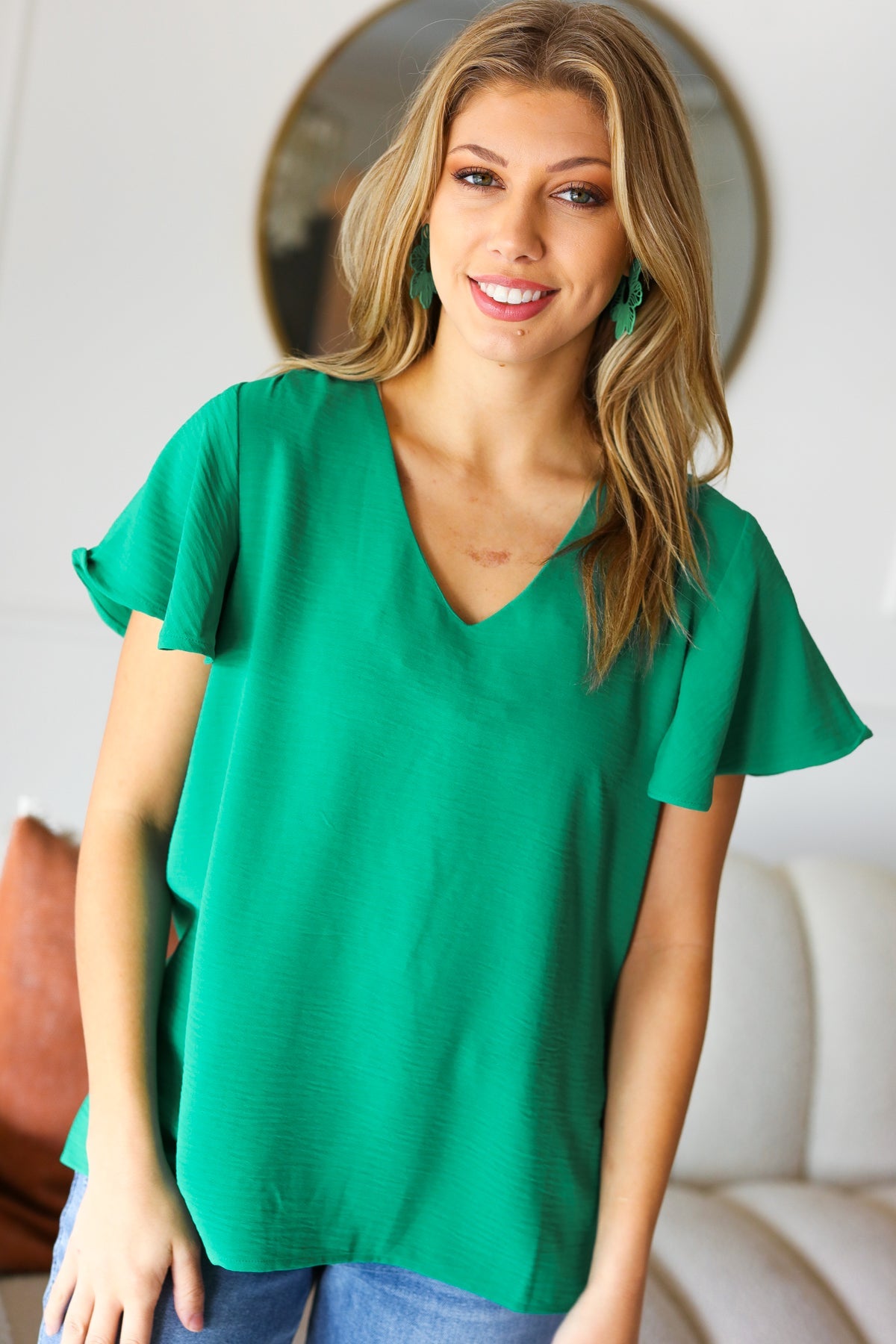 In Your Dreams Emerald Green Flutter Sleeve V Neck Top-Modish Lily, Tecumseh Michigan