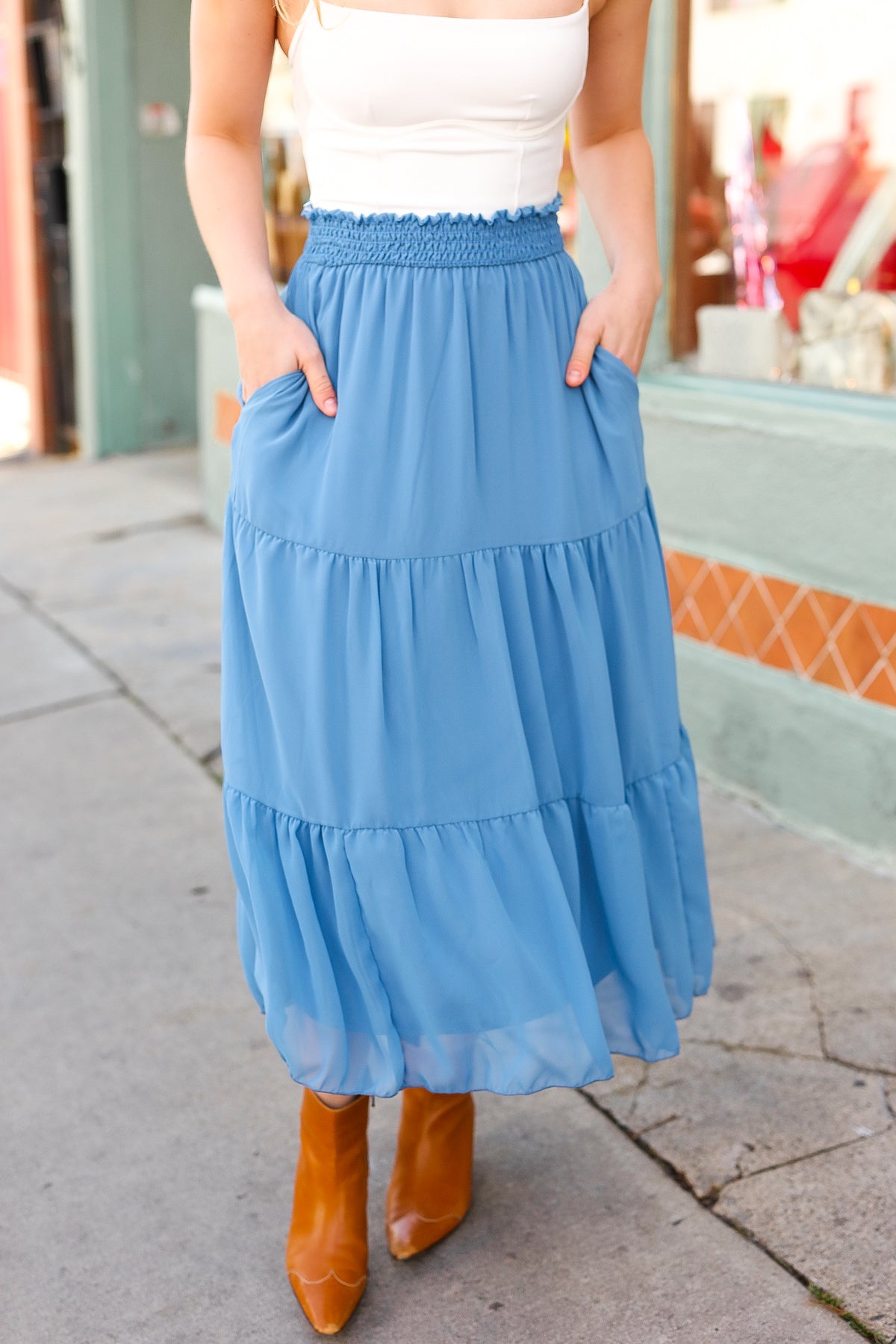 Look of Love Denim Blue Smocked Waist Tiered Chiffon Skirt-Modish Lily, Tecumseh Michigan