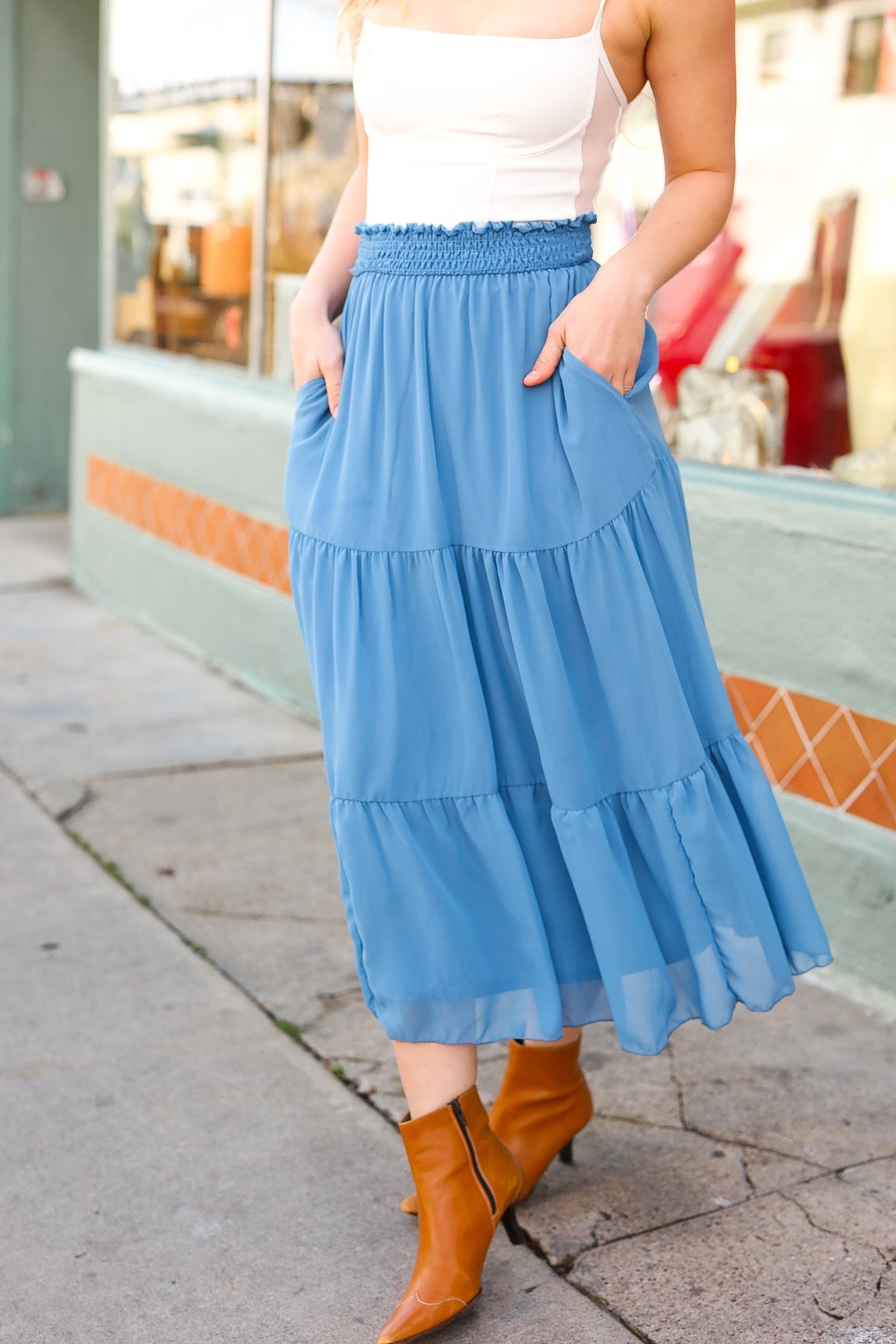 Look of Love Denim Blue Smocked Waist Tiered Chiffon Skirt-Modish Lily, Tecumseh Michigan