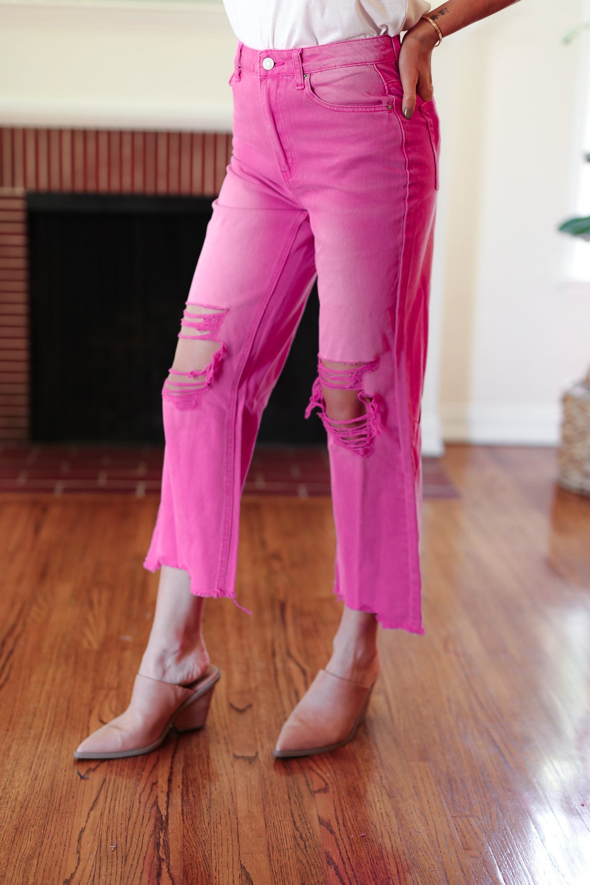 Cut Loose Hot Pink High Rise Washed Distressed Hem & Knee Cropped Pants-Modish Lily, Tecumseh Michigan