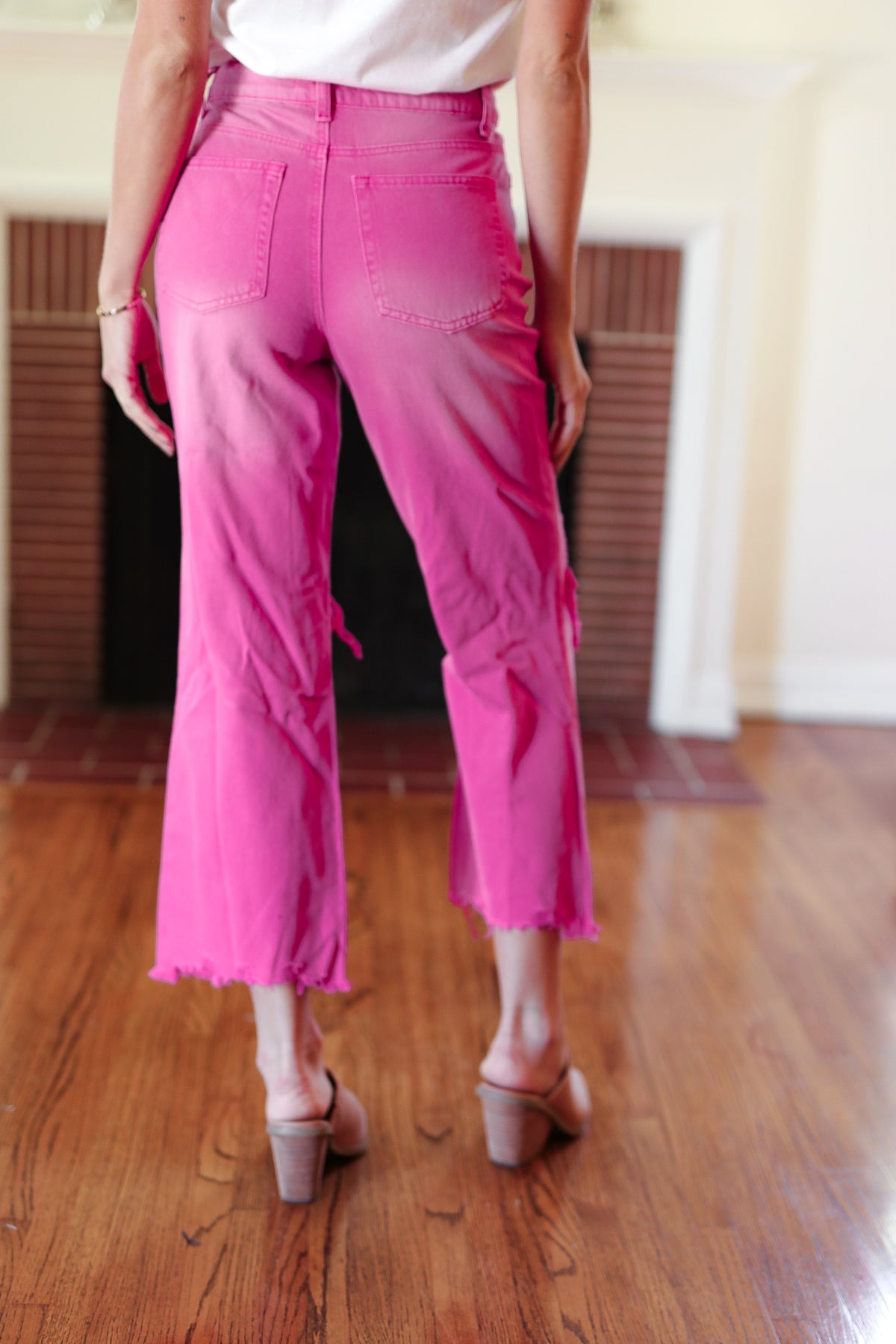 Cut Loose Hot Pink High Rise Washed Distressed Hem & Knee Cropped Pants-Modish Lily, Tecumseh Michigan