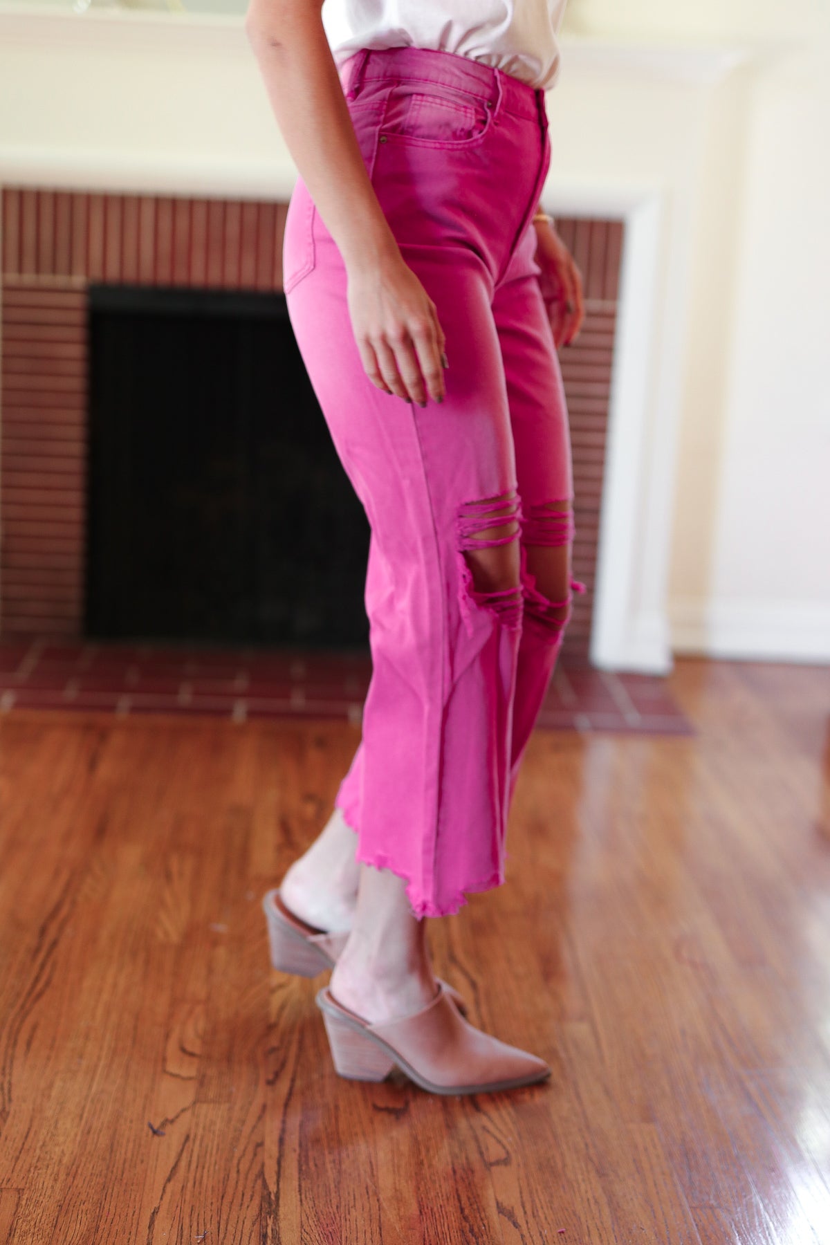 Cut Loose Hot Pink High Rise Washed Distressed Hem & Knee Cropped Pants-Modish Lily, Tecumseh Michigan