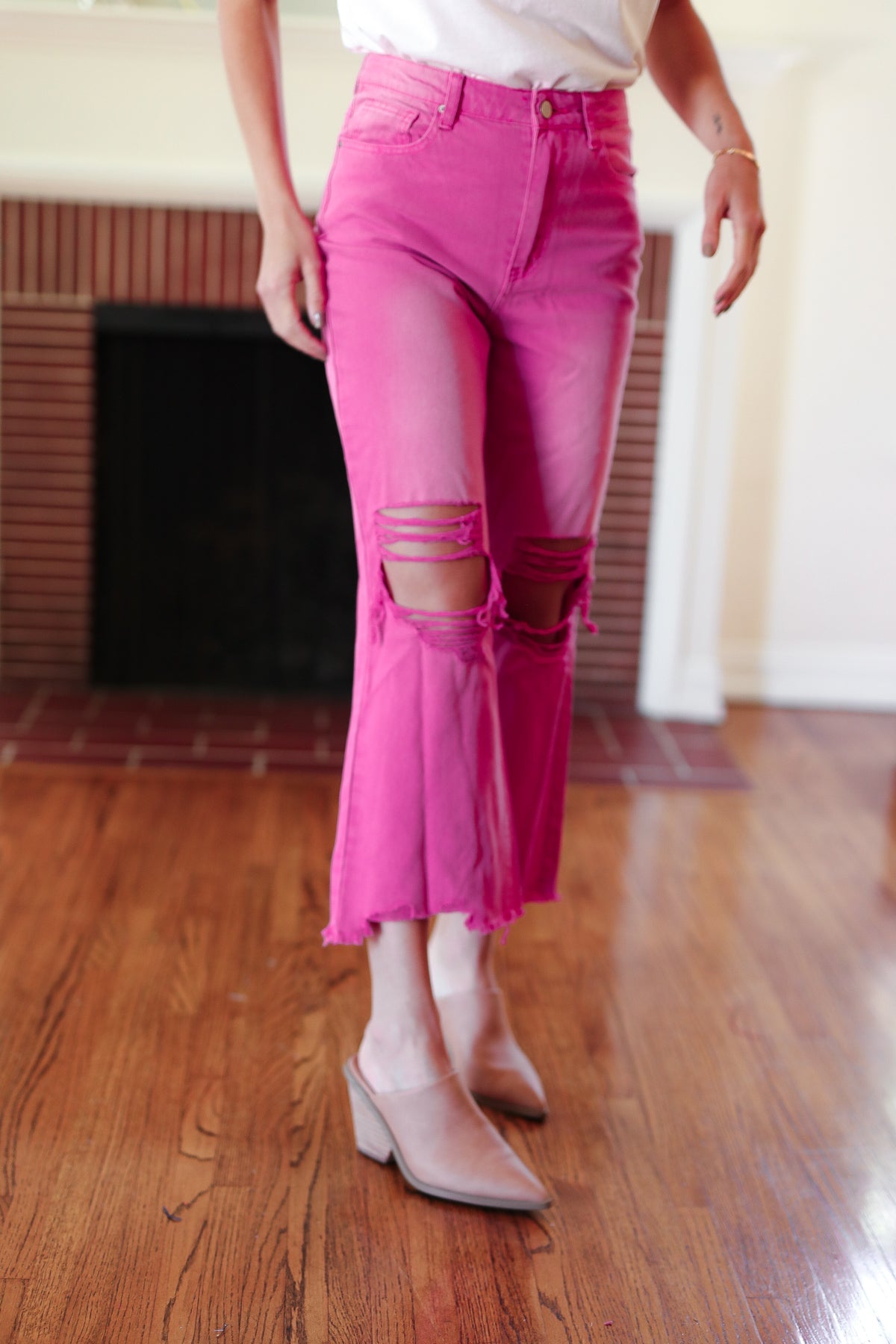 Cut Loose Hot Pink High Rise Washed Distressed Hem & Knee Cropped Pants-Modish Lily, Tecumseh Michigan