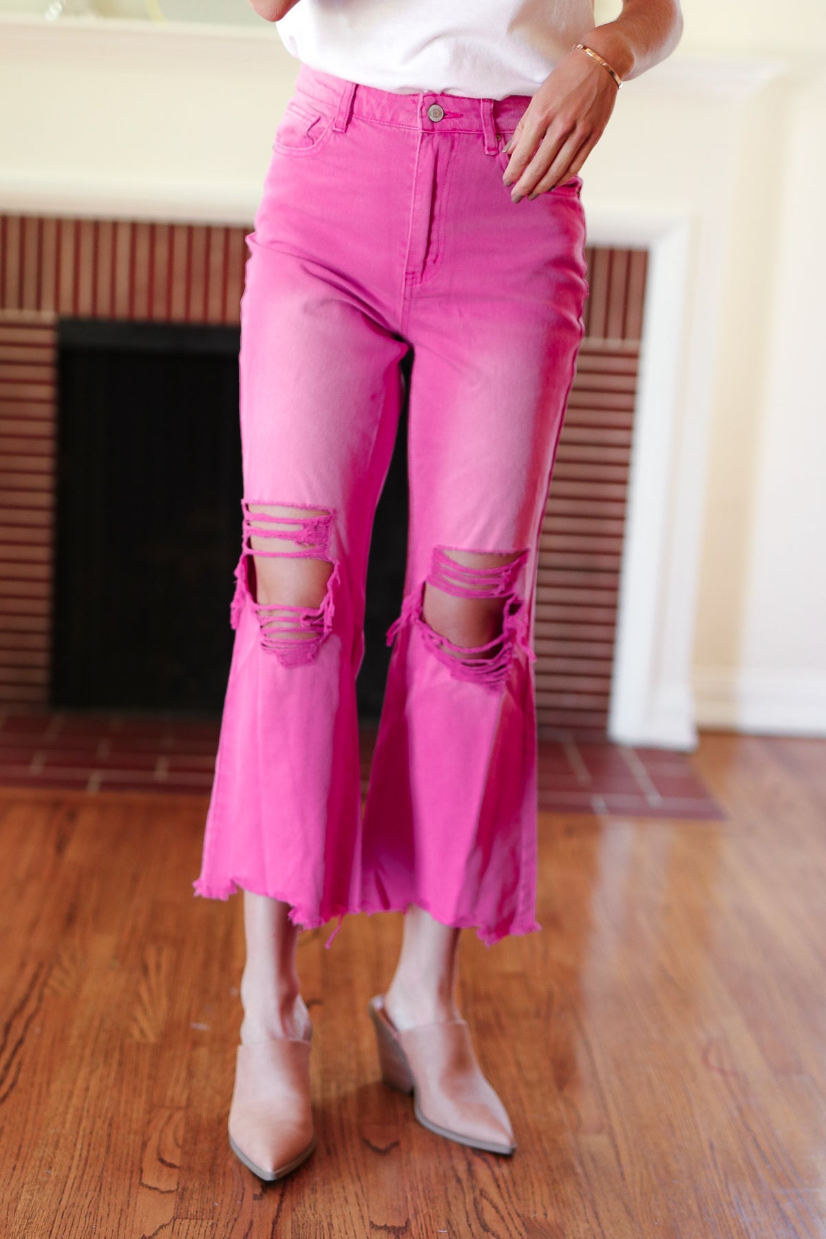 Cut Loose Hot Pink High Rise Washed Distressed Hem & Knee Cropped Pants-Modish Lily, Tecumseh Michigan