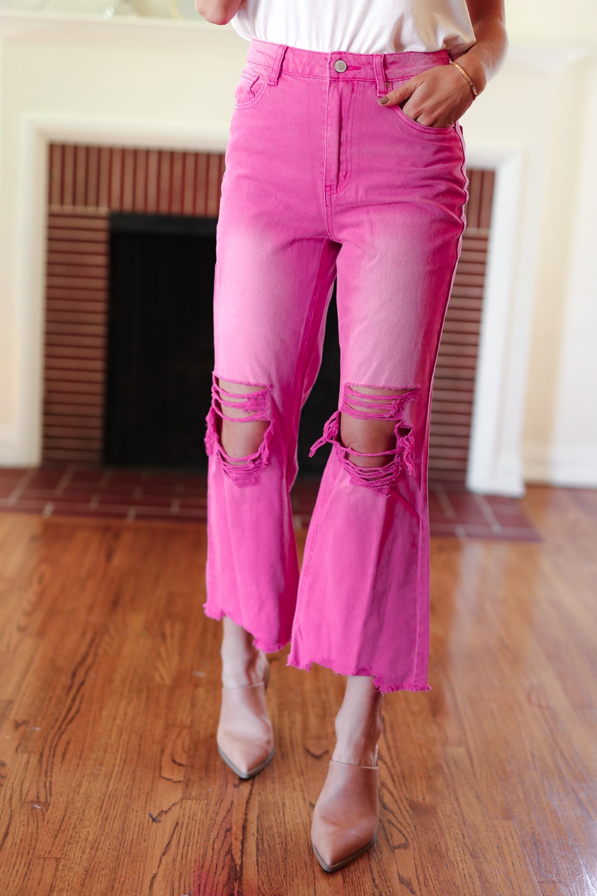 Cut Loose Hot Pink High Rise Washed Distressed Hem & Knee Cropped Pants-Modish Lily, Tecumseh Michigan