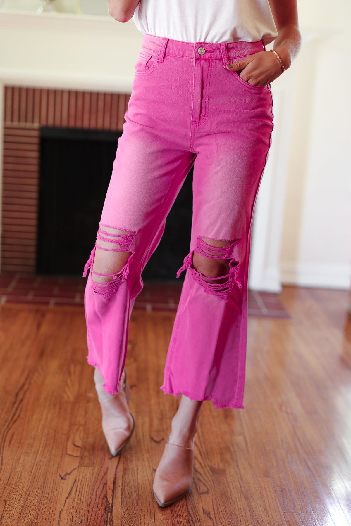 Cut Loose Hot Pink High Rise Washed Distressed Hem & Knee Cropped Pants-Modish Lily, Tecumseh Michigan