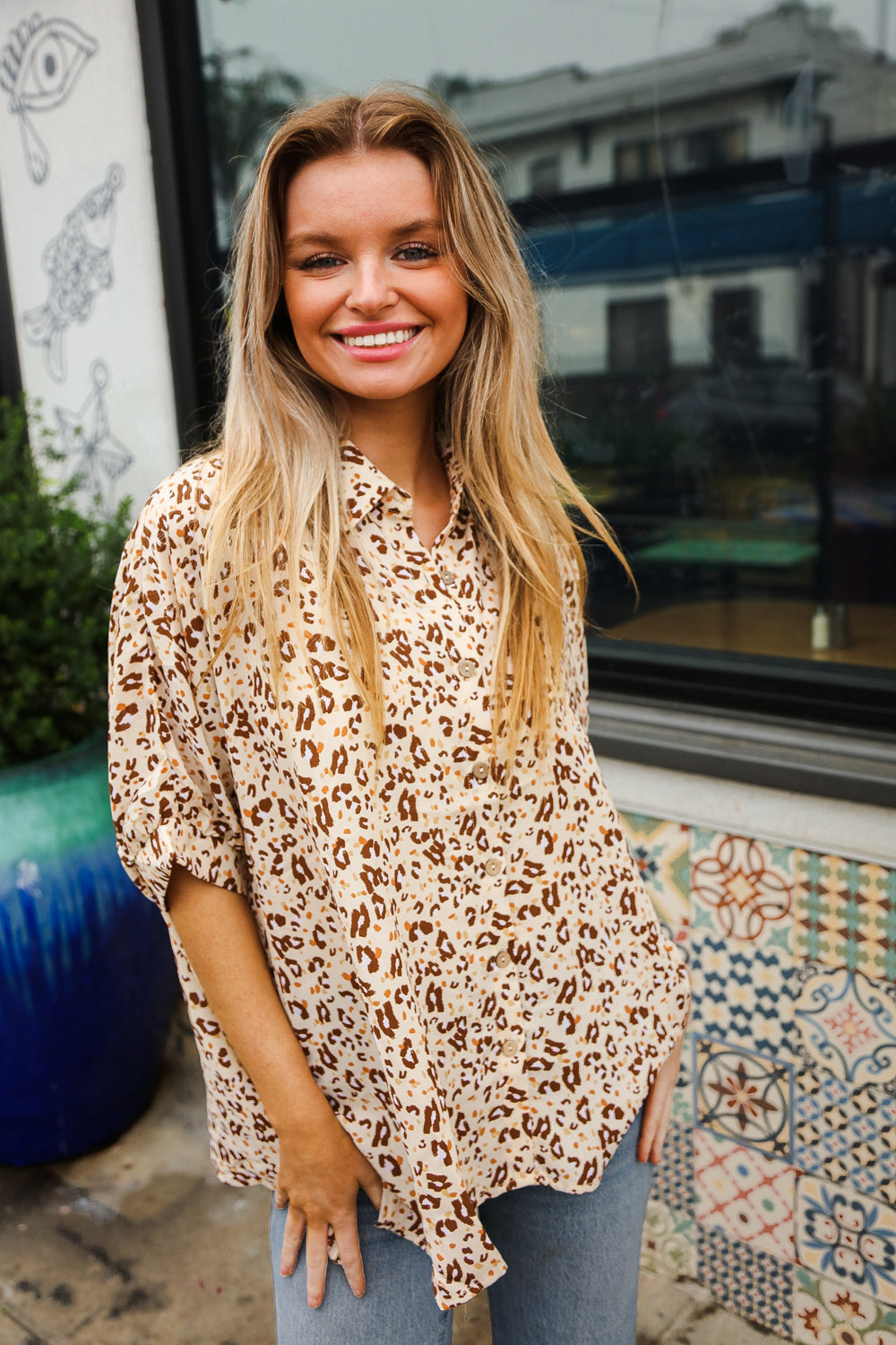 Feeling Bold Beige Animal Print Dolman Collar Button Down Top-Modish Lily, Tecumseh Michigan