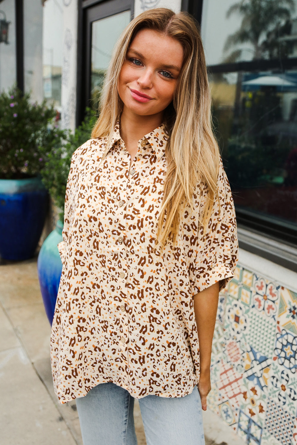 Feeling Bold Beige Animal Print Dolman Collar Button Down Top-Modish Lily, Tecumseh Michigan