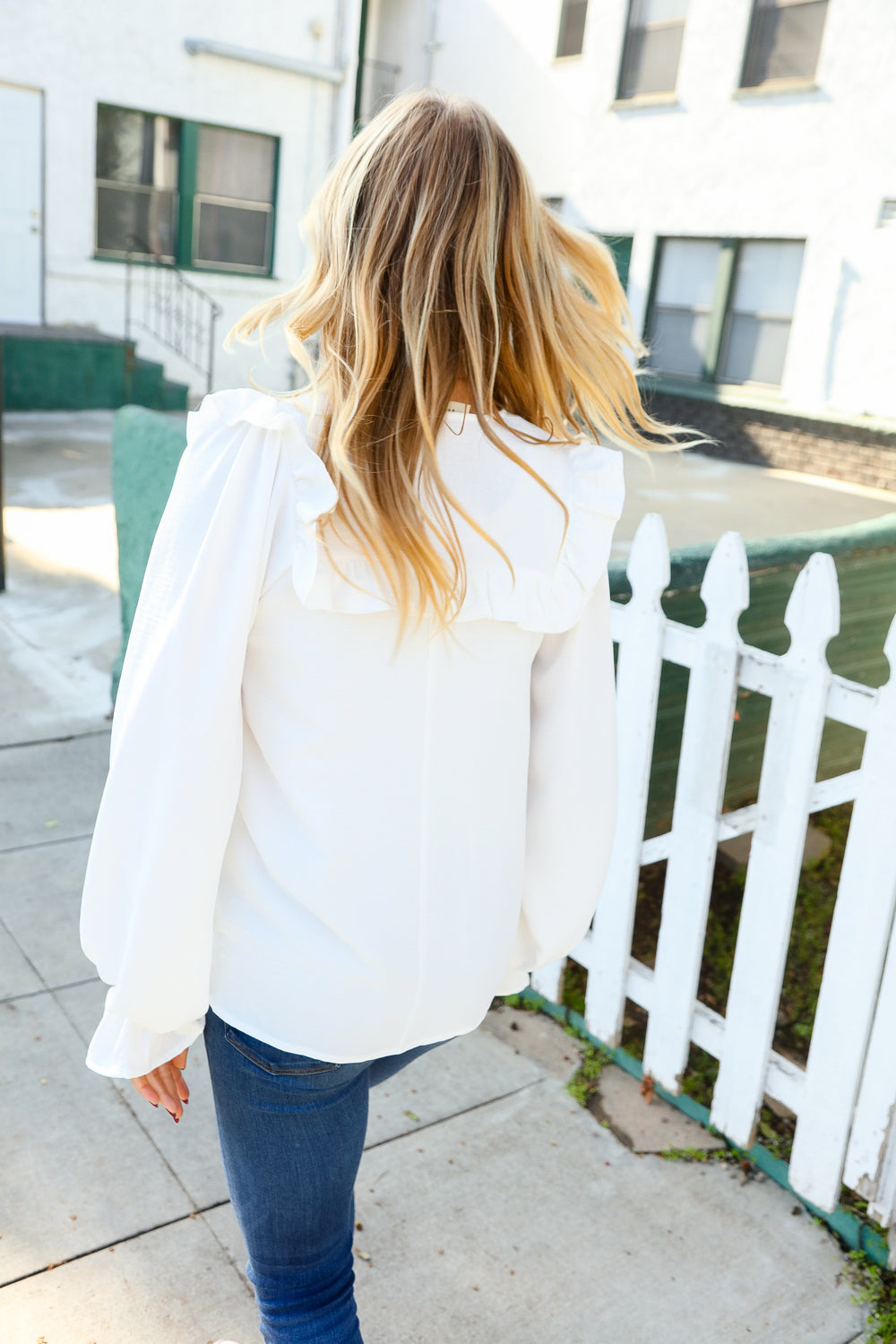 Eyes On You Ivory Ribbon Tie Bow Square Neck Ruffle Bubble Sleeve Blouse-Modish Lily, Tecumseh Michigan