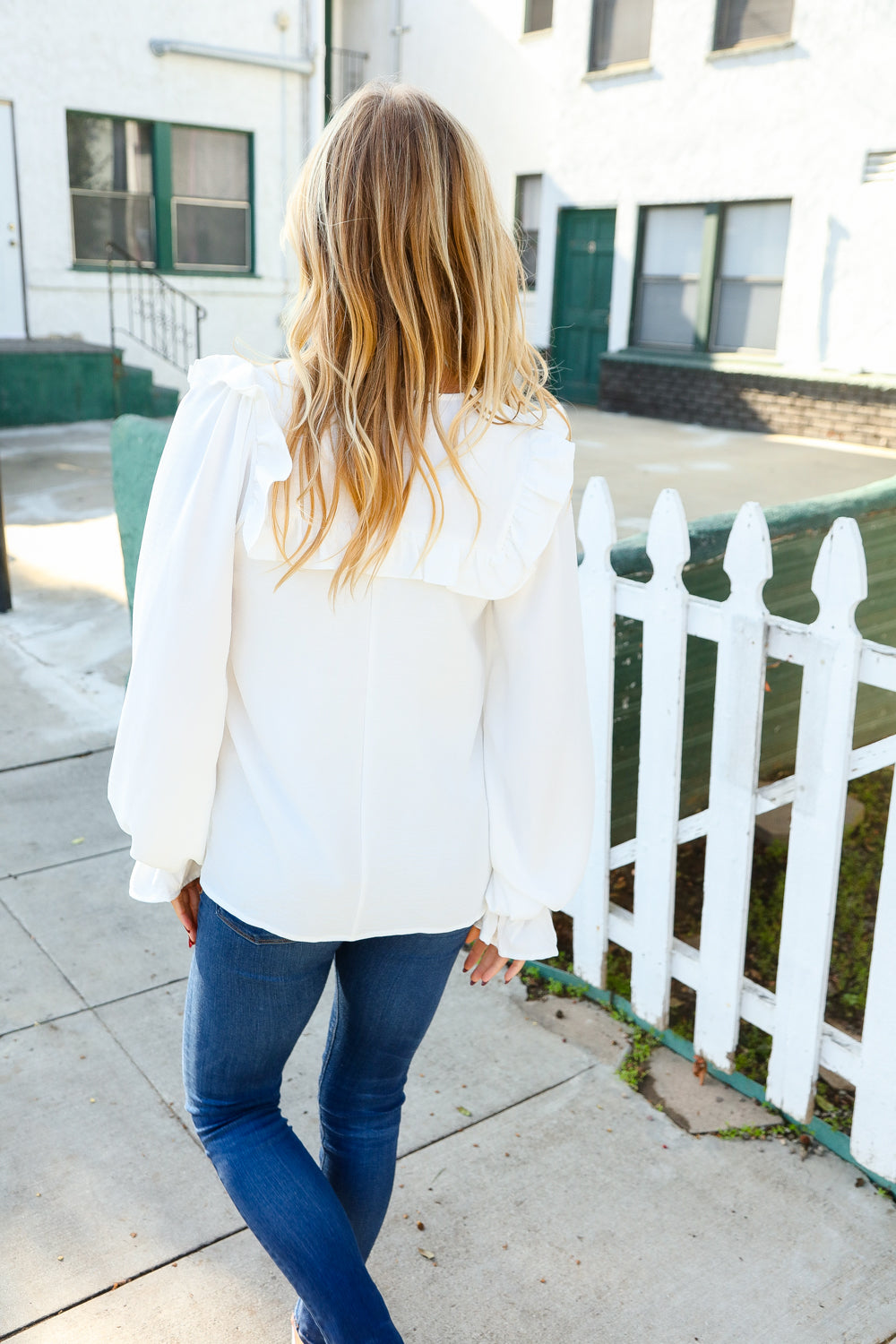 Eyes On You Ivory Ribbon Tie Bow Square Neck Ruffle Bubble Sleeve Blouse-Modish Lily, Tecumseh Michigan