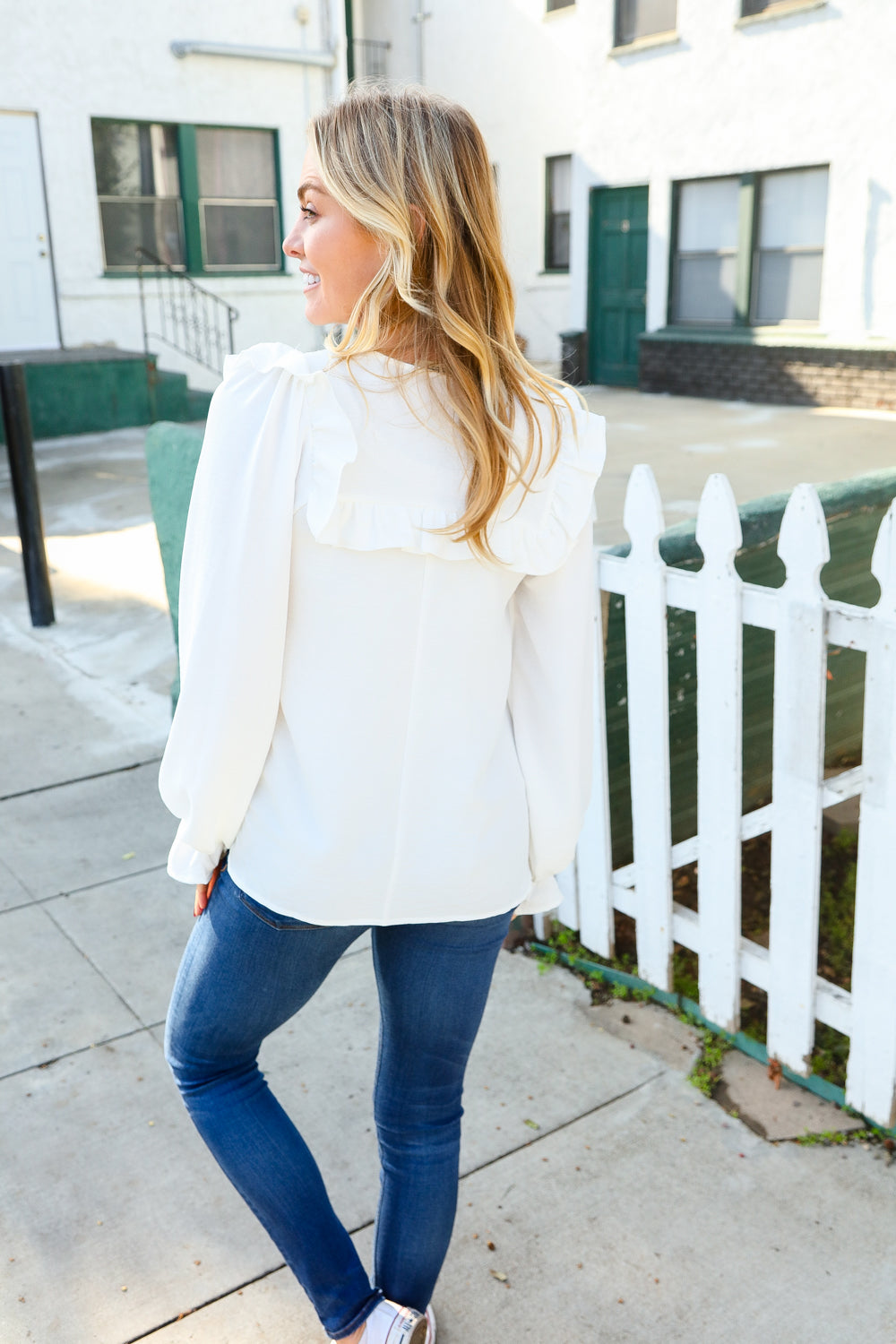 Eyes On You Ivory Ribbon Tie Bow Square Neck Ruffle Bubble Sleeve Blouse-Modish Lily, Tecumseh Michigan