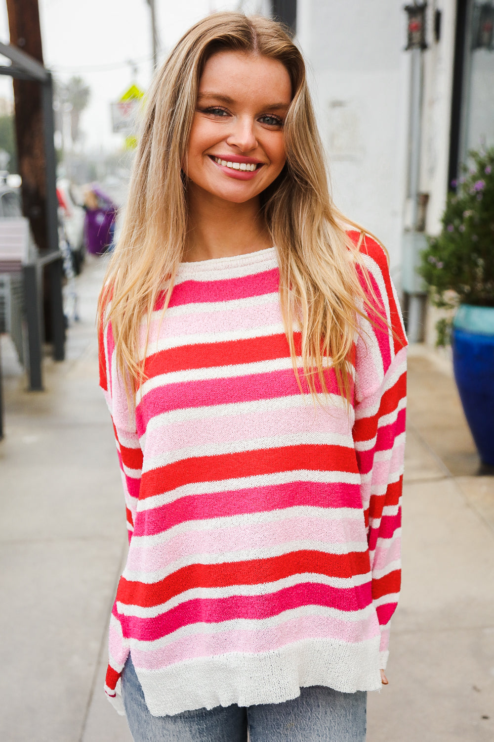 Follow Me Red/Pink Loose Knit Stripe Ribbed Pullover-Modish Lily, Tecumseh Michigan