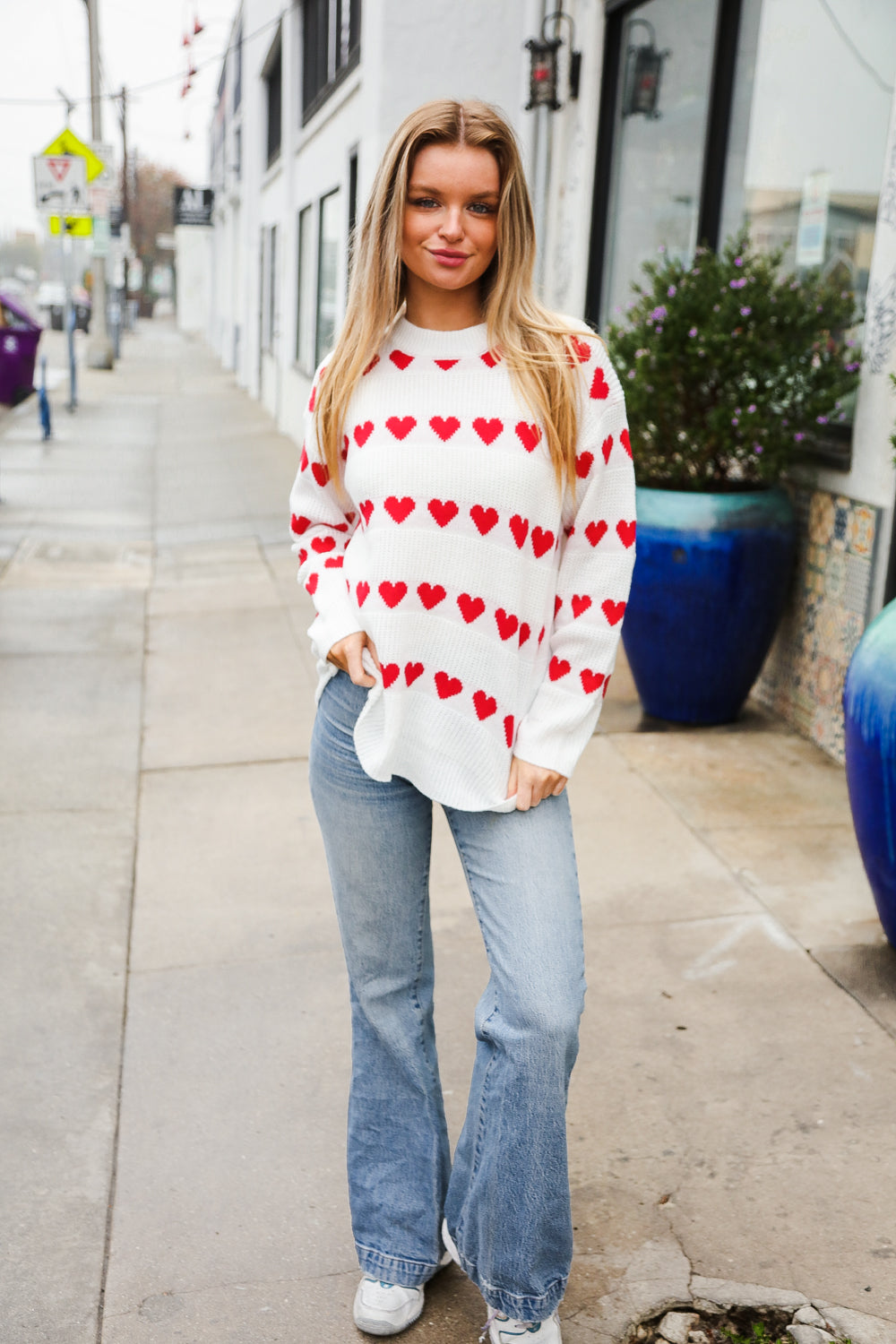 Be Mine White Jacquard Heart Stripe Pullover Sweater-Modish Lily, Tecumseh Michigan