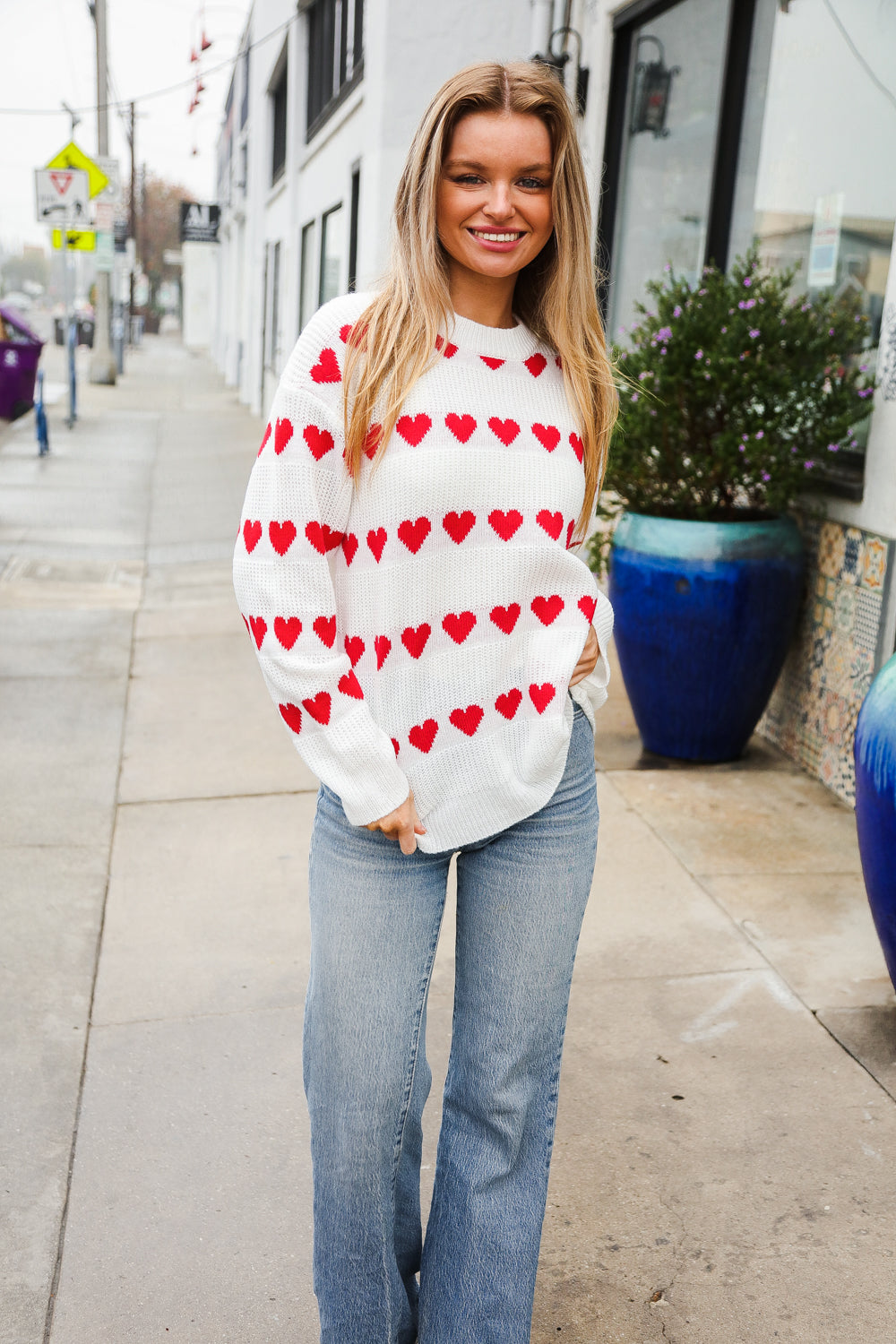 Be Mine White Jacquard Heart Stripe Pullover Sweater-Modish Lily, Tecumseh Michigan