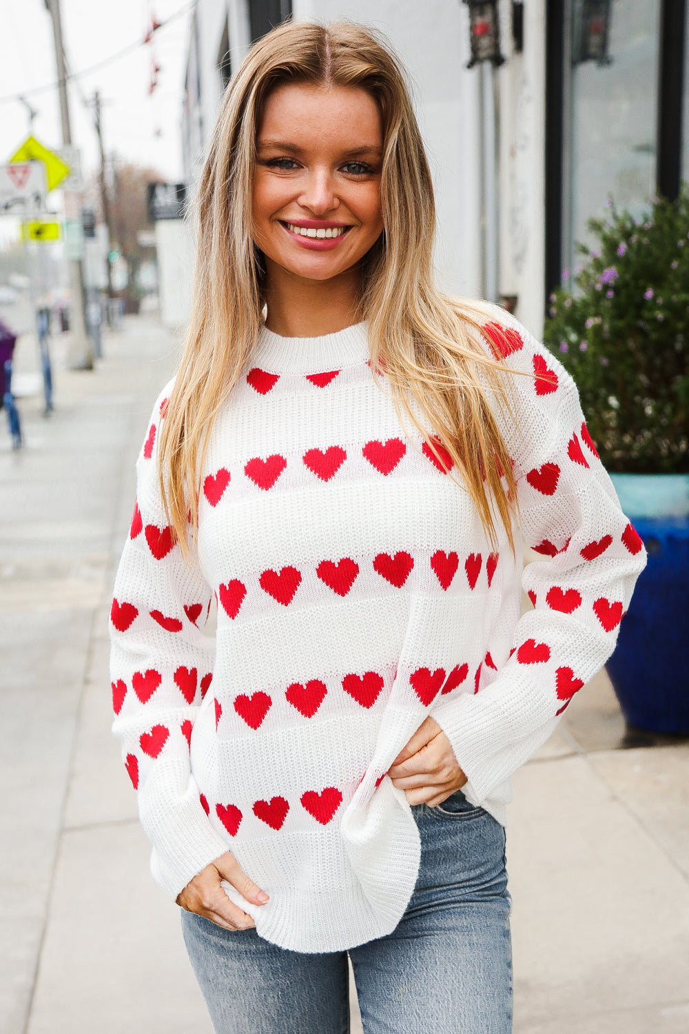 Be Mine White Jacquard Heart Stripe Pullover Sweater-Modish Lily, Tecumseh Michigan