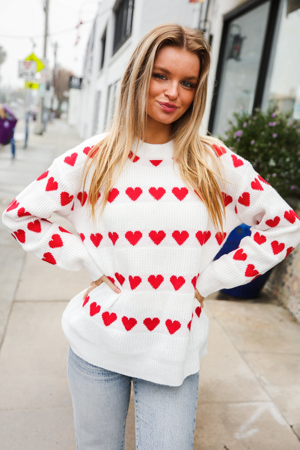 Be Mine White Jacquard Heart Stripe Pullover Sweater-Modish Lily, Tecumseh Michigan