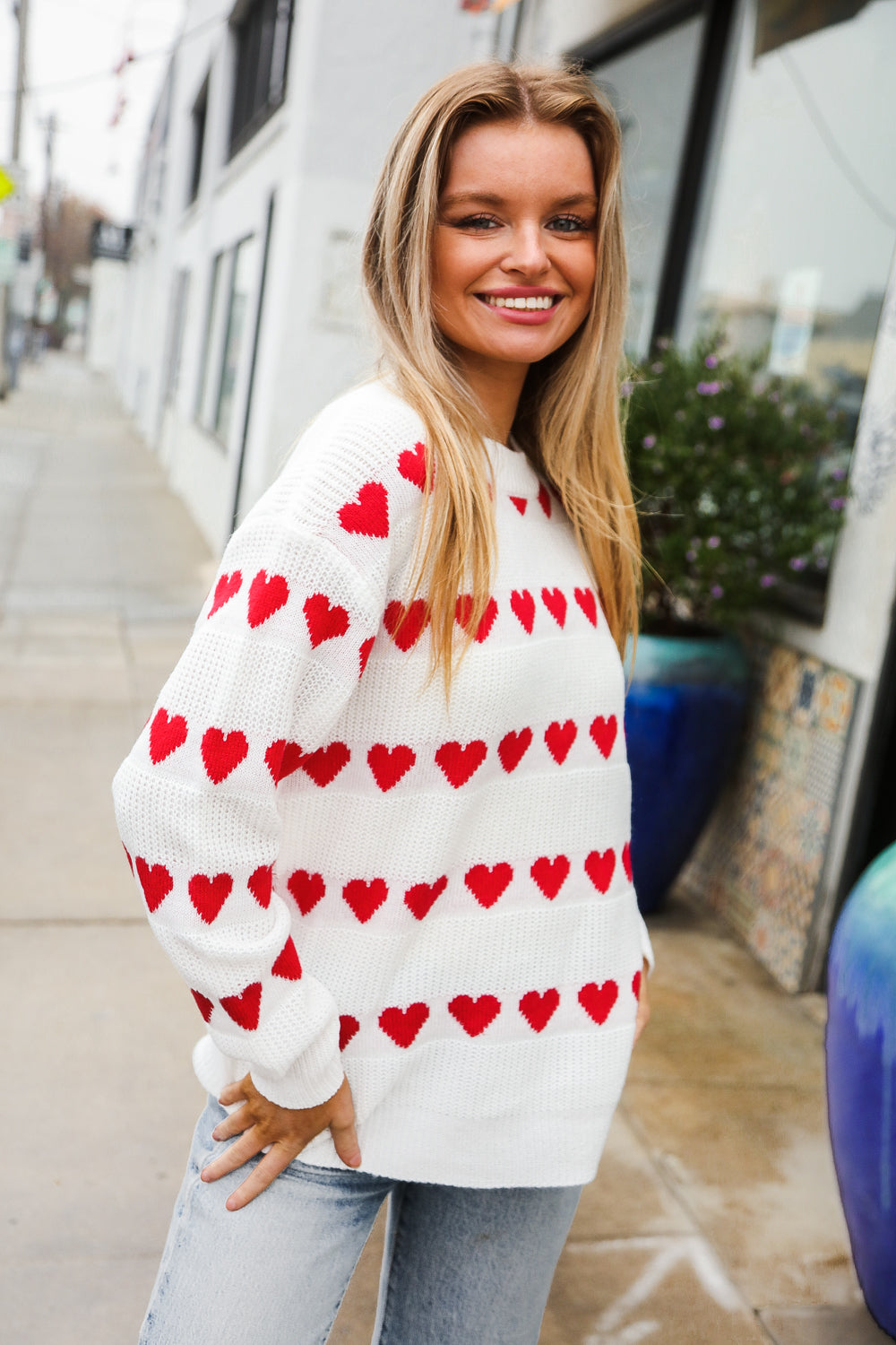 Be Mine White Jacquard Heart Stripe Pullover Sweater-Modish Lily, Tecumseh Michigan