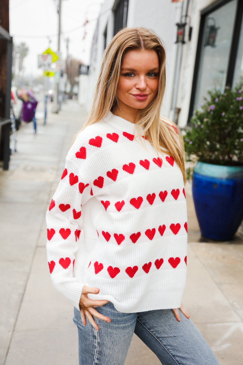 Be Mine White Jacquard Heart Stripe Pullover Sweater-Modish Lily, Tecumseh Michigan