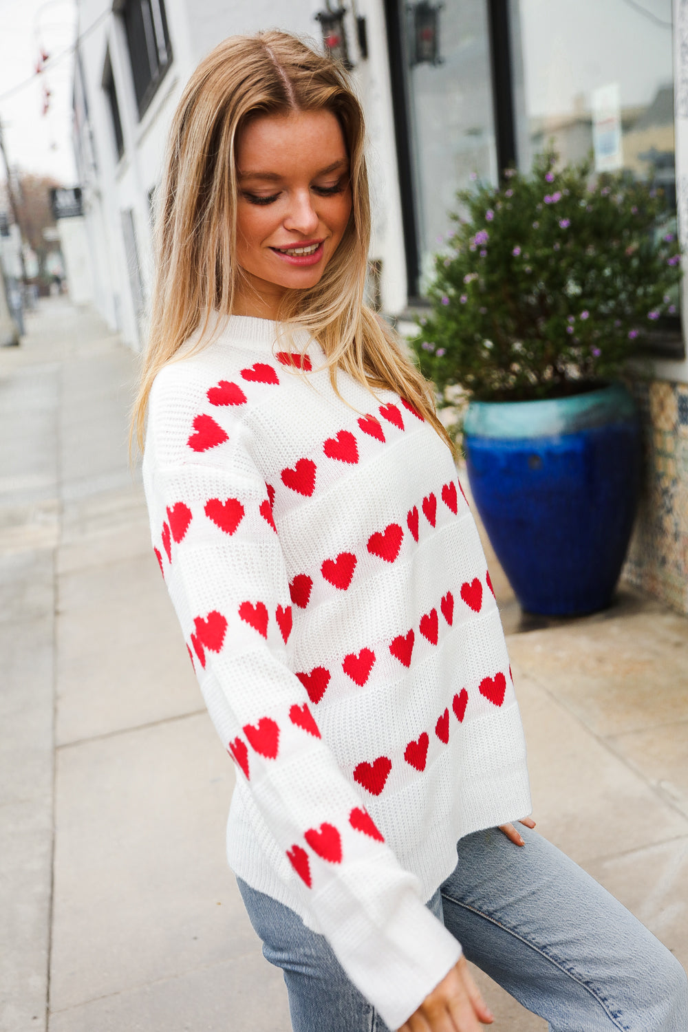 Be Mine White Jacquard Heart Stripe Pullover Sweater-Modish Lily, Tecumseh Michigan