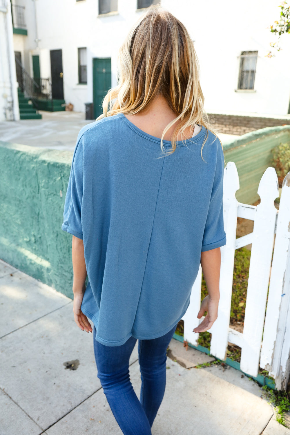 Casual Living Cotton Denim Blue Dolman French Terry Pullover-Modish Lily, Tecumseh Michigan