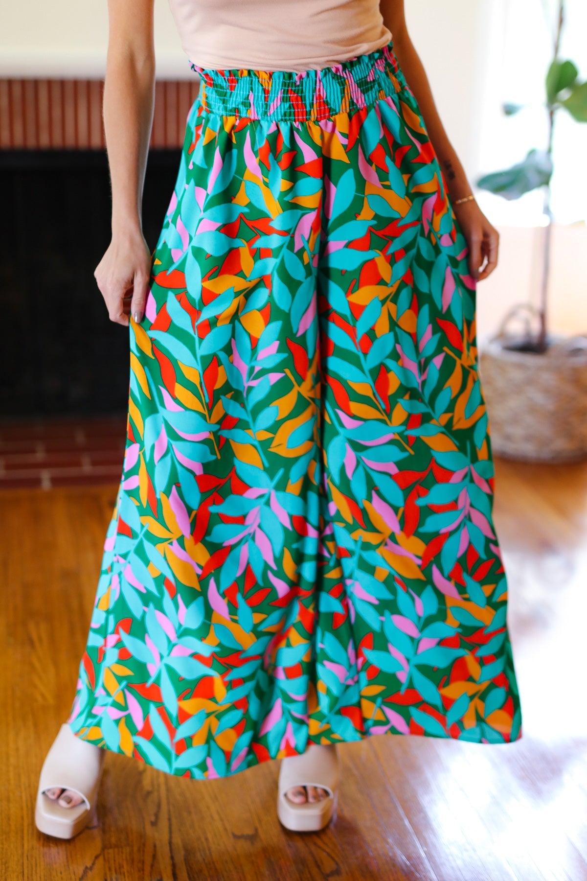 Summer Vibes Green & Orange Abstract Print Smocked Palazzo Pants-2024 Summer Blow Out Sale-Modish Lily, Tecumseh Michigan