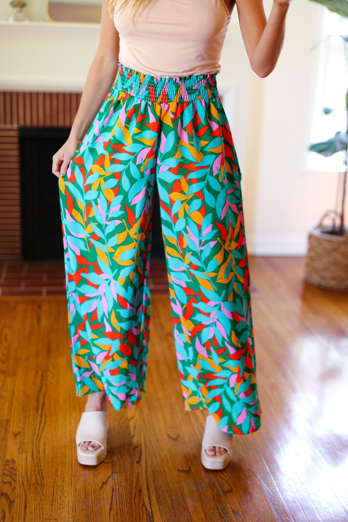 Summer Vibes Green & Orange Abstract Print Smocked Palazzo Pants-2024 Summer Blow Out Sale-Modish Lily, Tecumseh Michigan