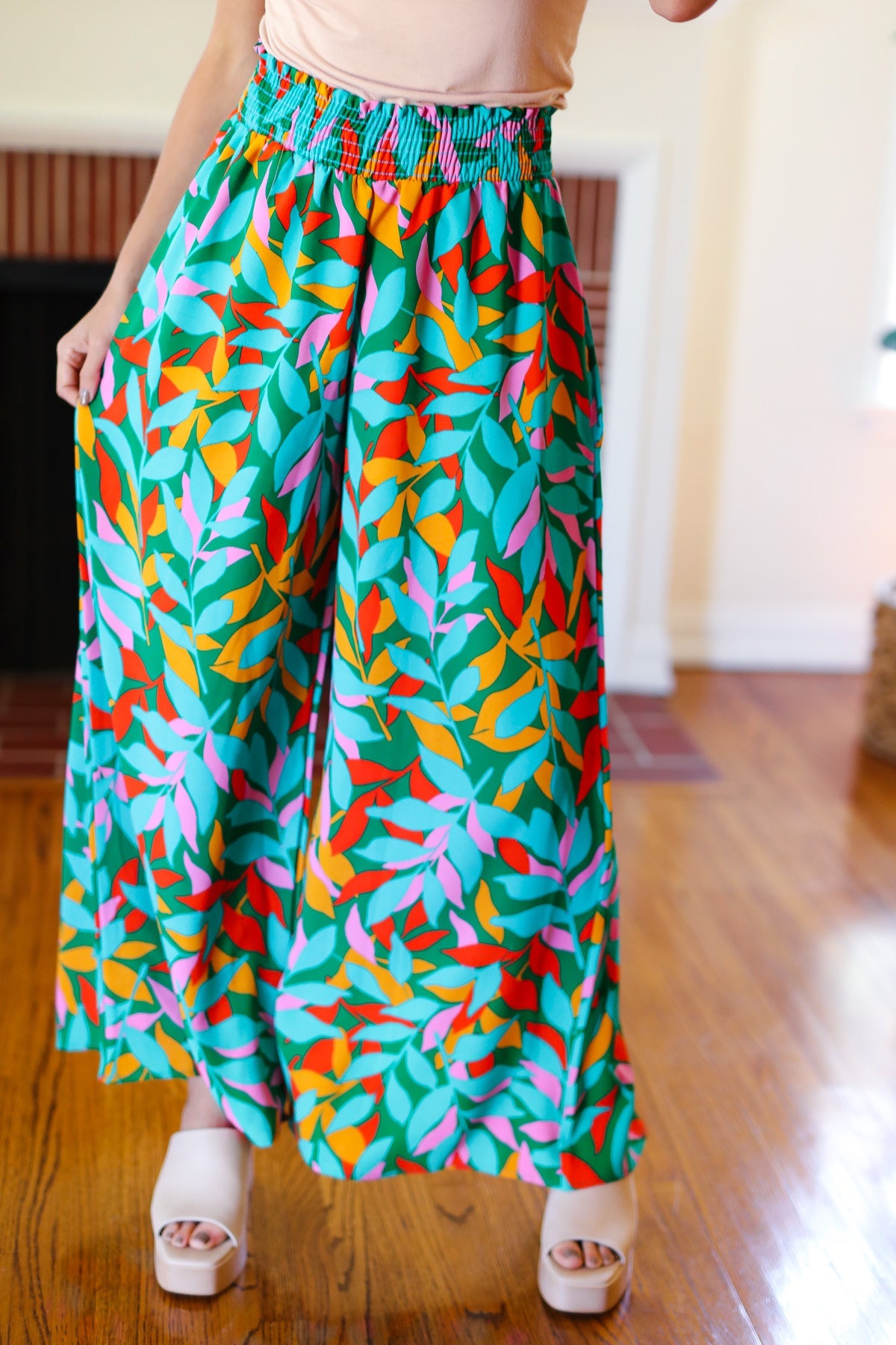 Summer Vibes Green & Orange Abstract Print Smocked Palazzo Pants-2024 Summer Blow Out Sale-Modish Lily, Tecumseh Michigan