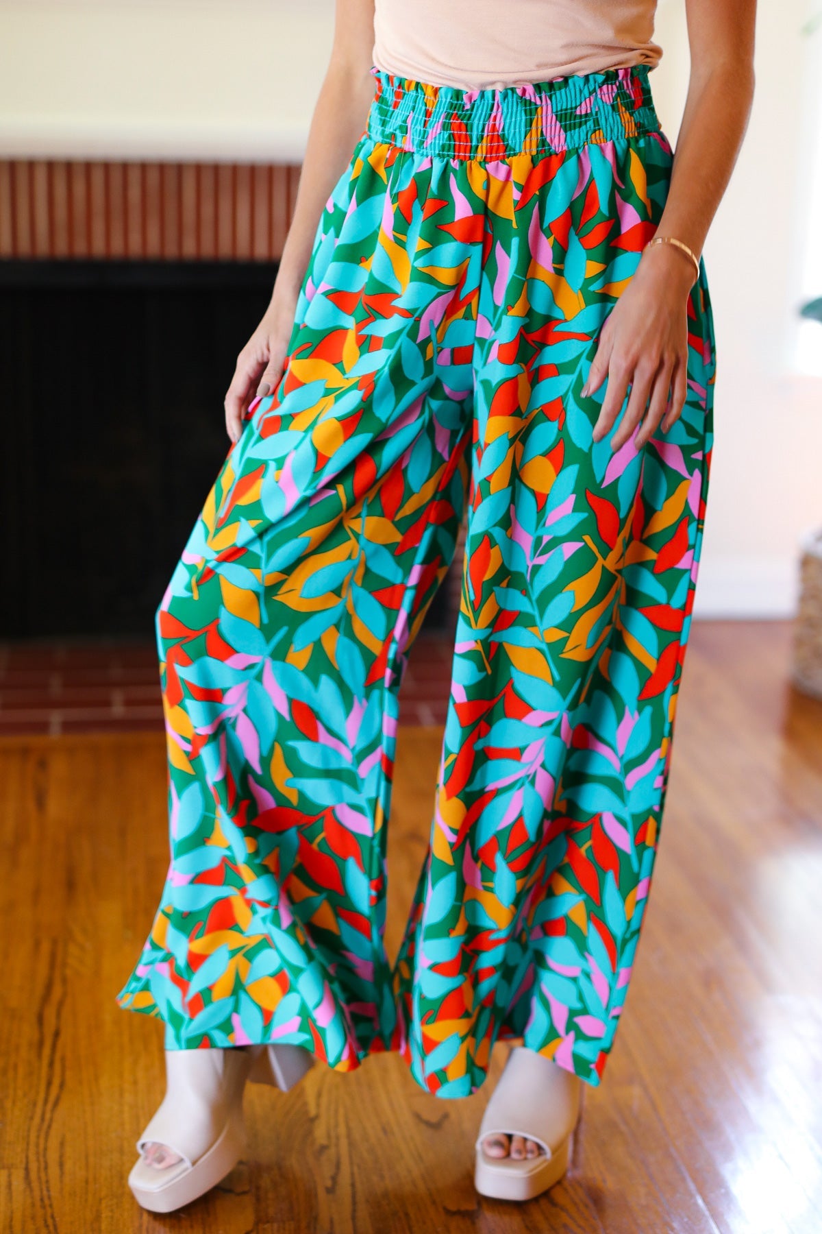 Summer Vibes Green & Orange Abstract Print Smocked Palazzo Pants-2024 Summer Blow Out Sale-Modish Lily, Tecumseh Michigan