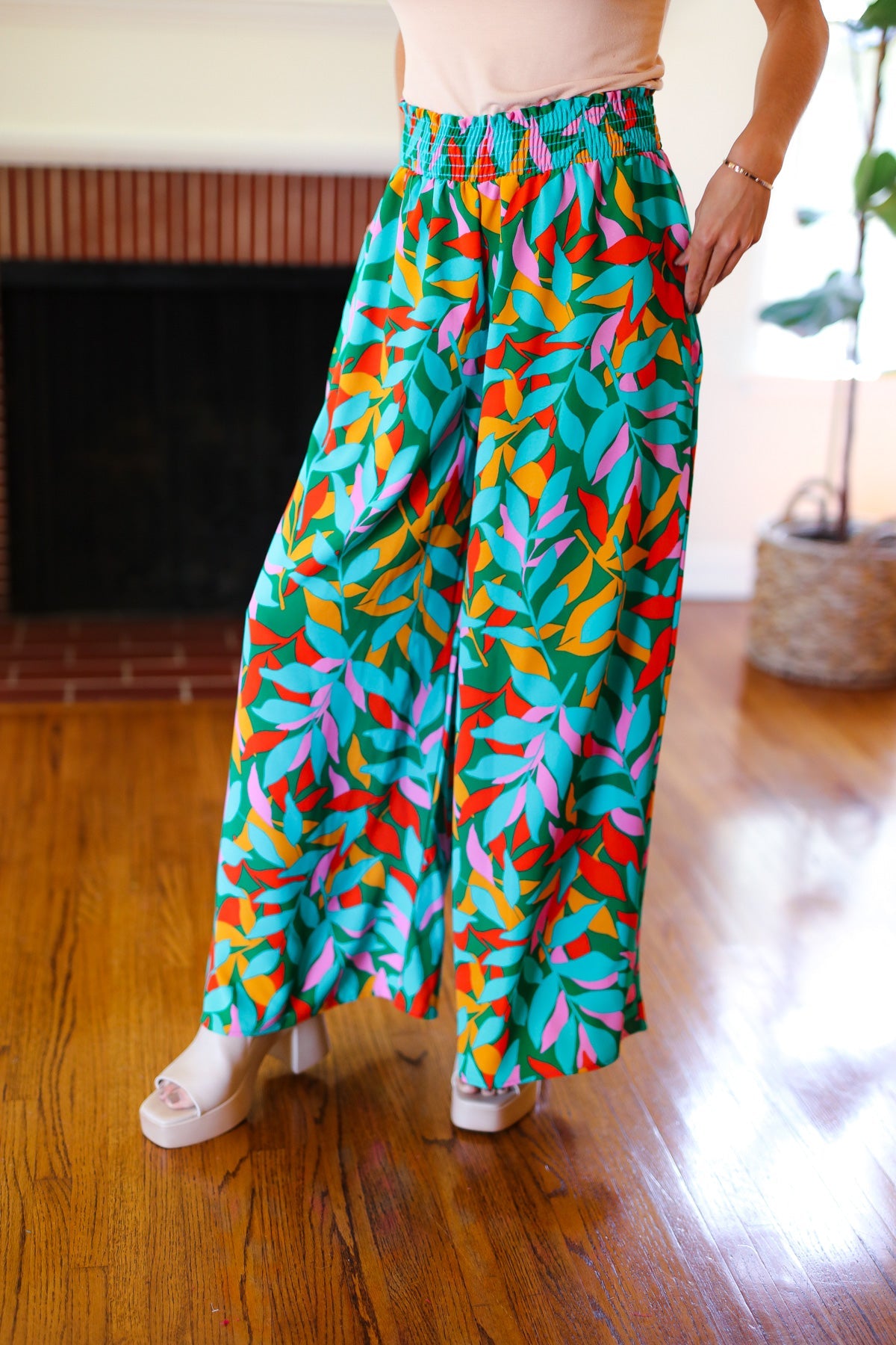 Summer Vibes Green & Orange Abstract Print Smocked Palazzo Pants-2024 Summer Blow Out Sale-Modish Lily, Tecumseh Michigan