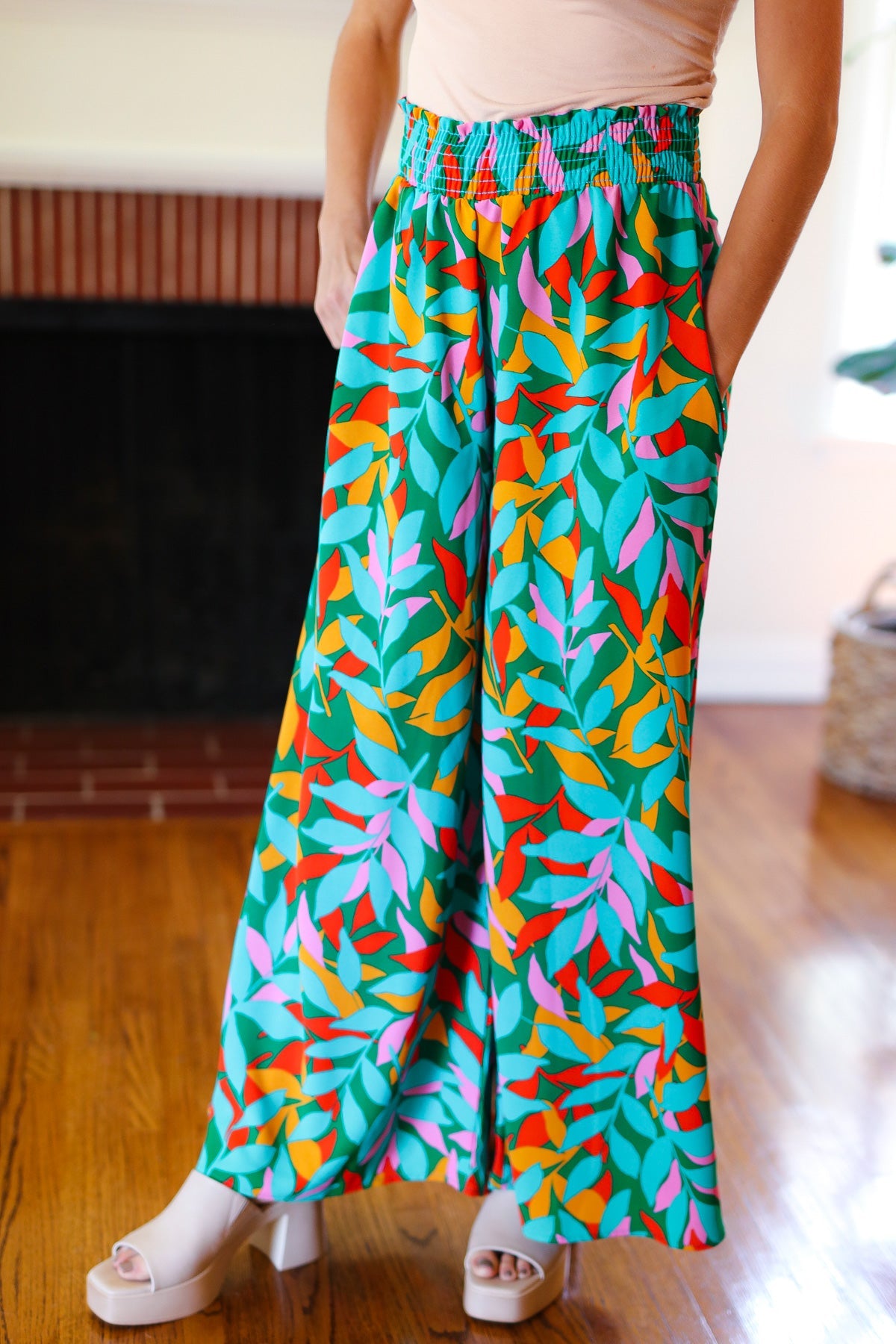 Summer Vibes Green & Orange Abstract Print Smocked Palazzo Pants-2024 Summer Blow Out Sale-Modish Lily, Tecumseh Michigan