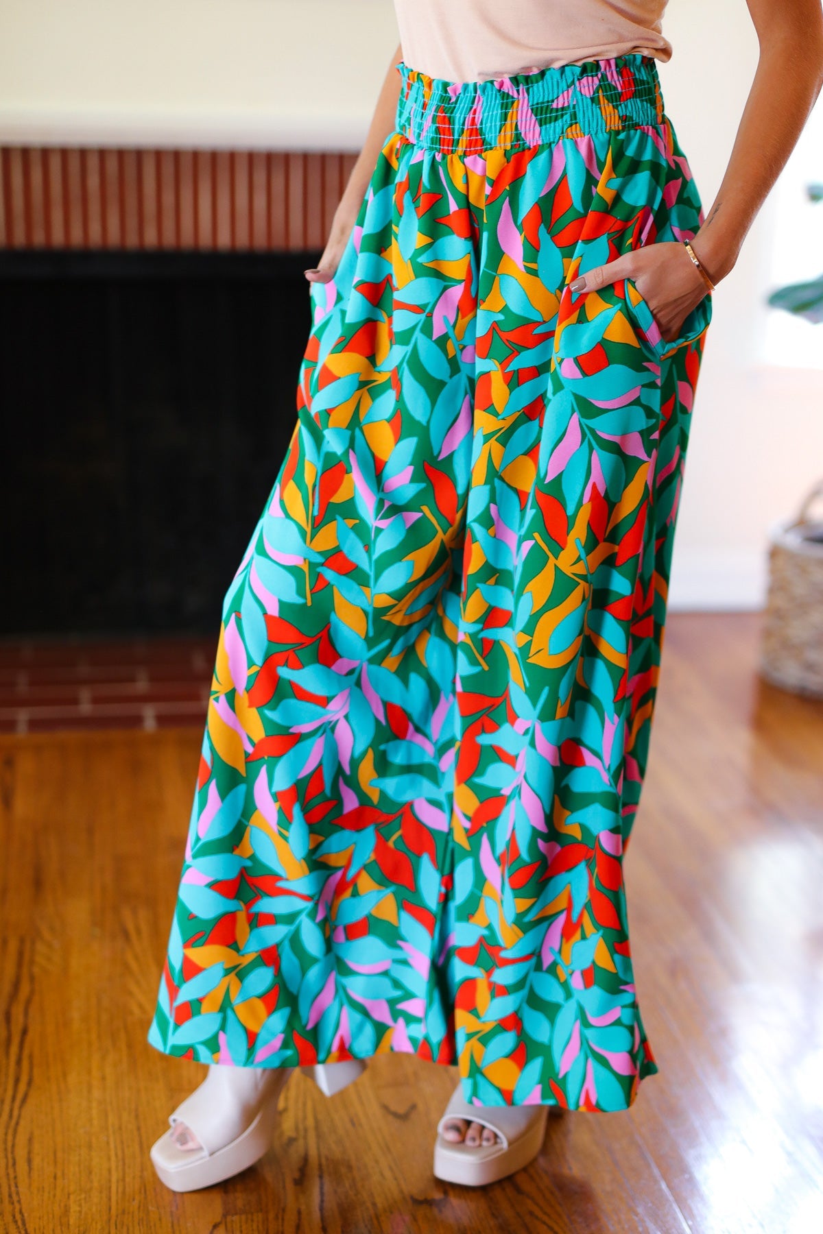 Summer Vibes Green & Orange Abstract Print Smocked Palazzo Pants-2024 Summer Blow Out Sale-Modish Lily, Tecumseh Michigan