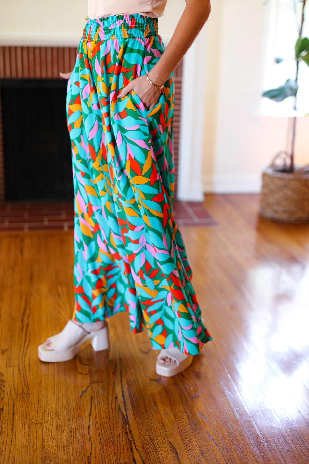 Summer Vibes Green & Orange Abstract Print Smocked Palazzo Pants-2024 Summer Blow Out Sale-Modish Lily, Tecumseh Michigan