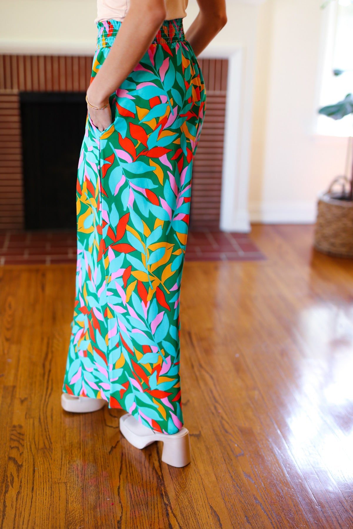 Summer Vibes Green & Orange Abstract Print Smocked Palazzo Pants-2024 Summer Blow Out Sale-Modish Lily, Tecumseh Michigan