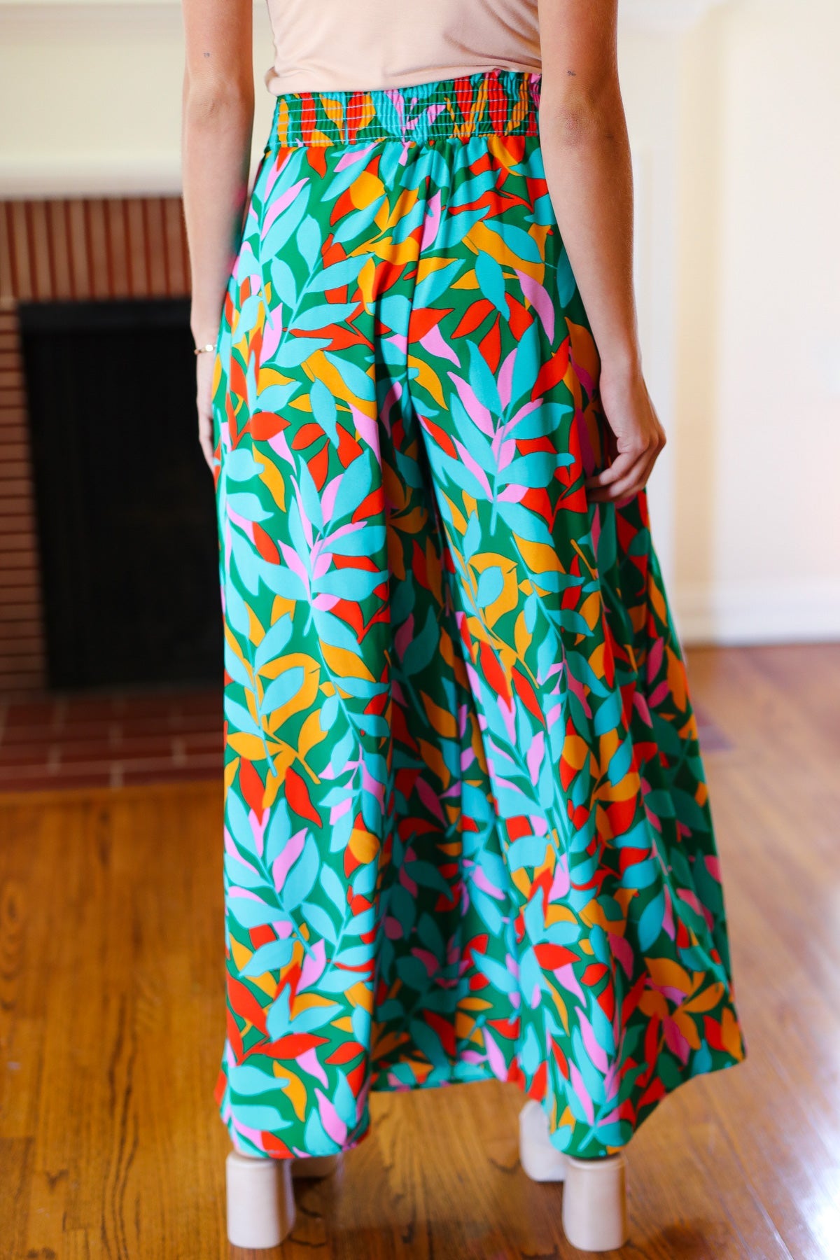 Summer Vibes Green & Orange Abstract Print Smocked Palazzo Pants-2024 Summer Blow Out Sale-Modish Lily, Tecumseh Michigan