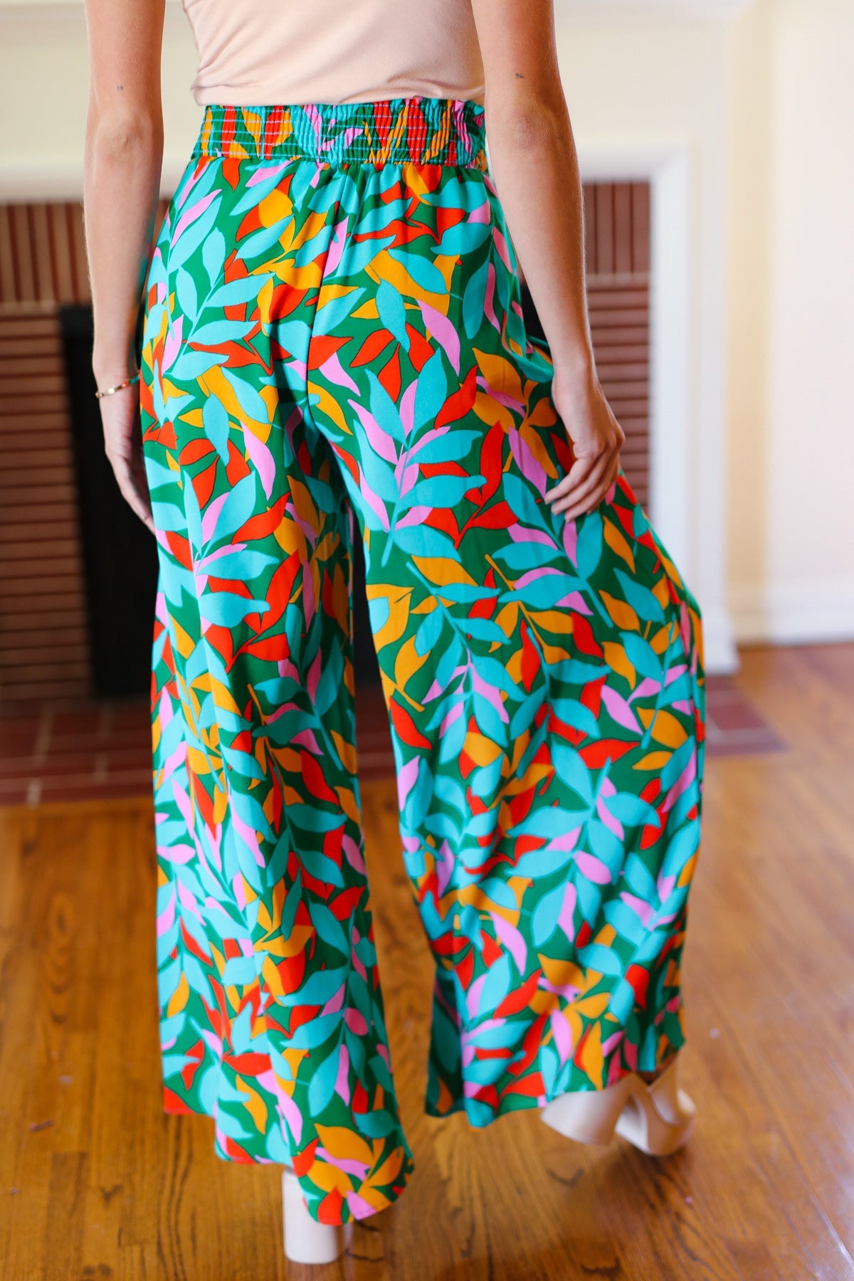 Summer Vibes Green & Orange Abstract Print Smocked Palazzo Pants-2024 Summer Blow Out Sale-Modish Lily, Tecumseh Michigan