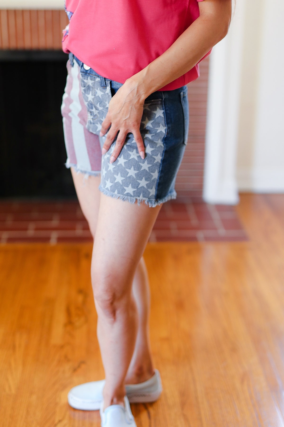 American Flag High Rise Frayed Hem Denim Shorts-2024 Blow-Out Sale-Modish Lily, Tecumseh Michigan