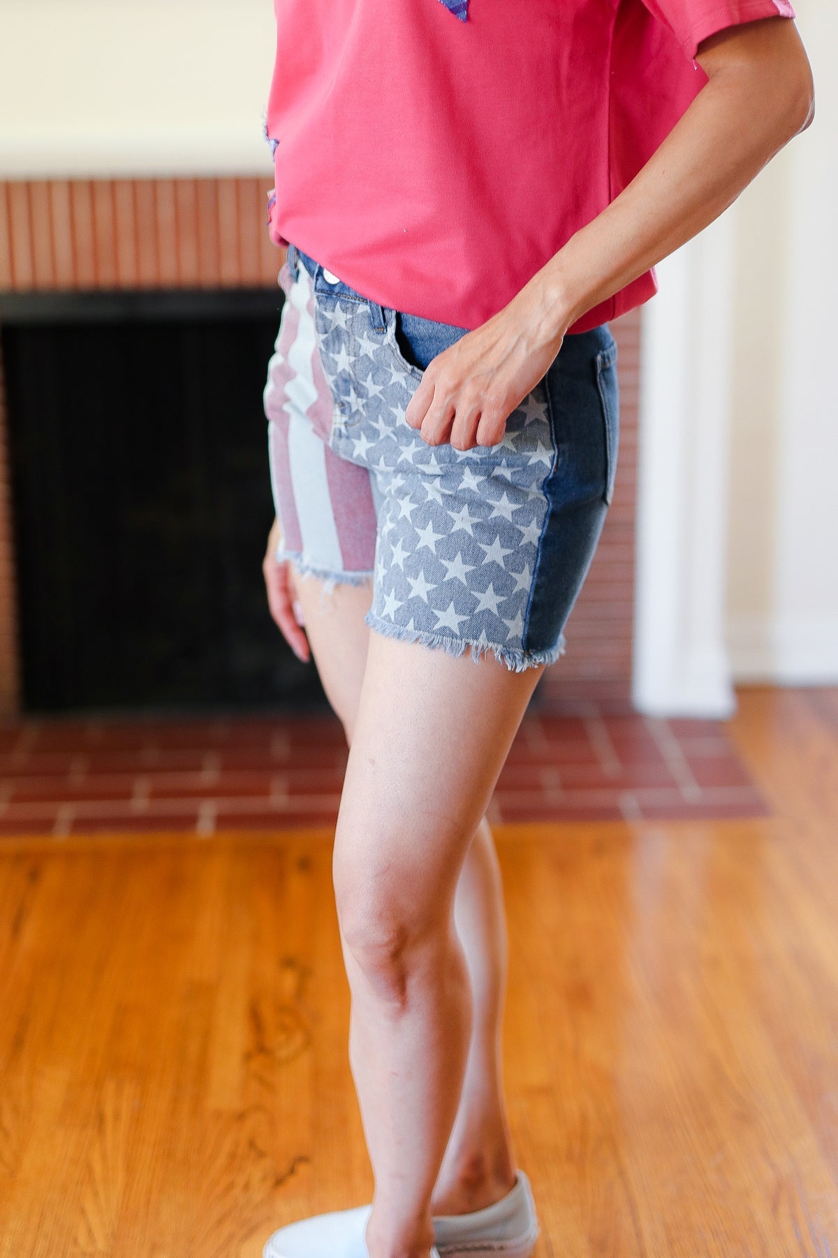 American Flag High Rise Frayed Hem Denim Shorts-2024 Blow-Out Sale-Modish Lily, Tecumseh Michigan