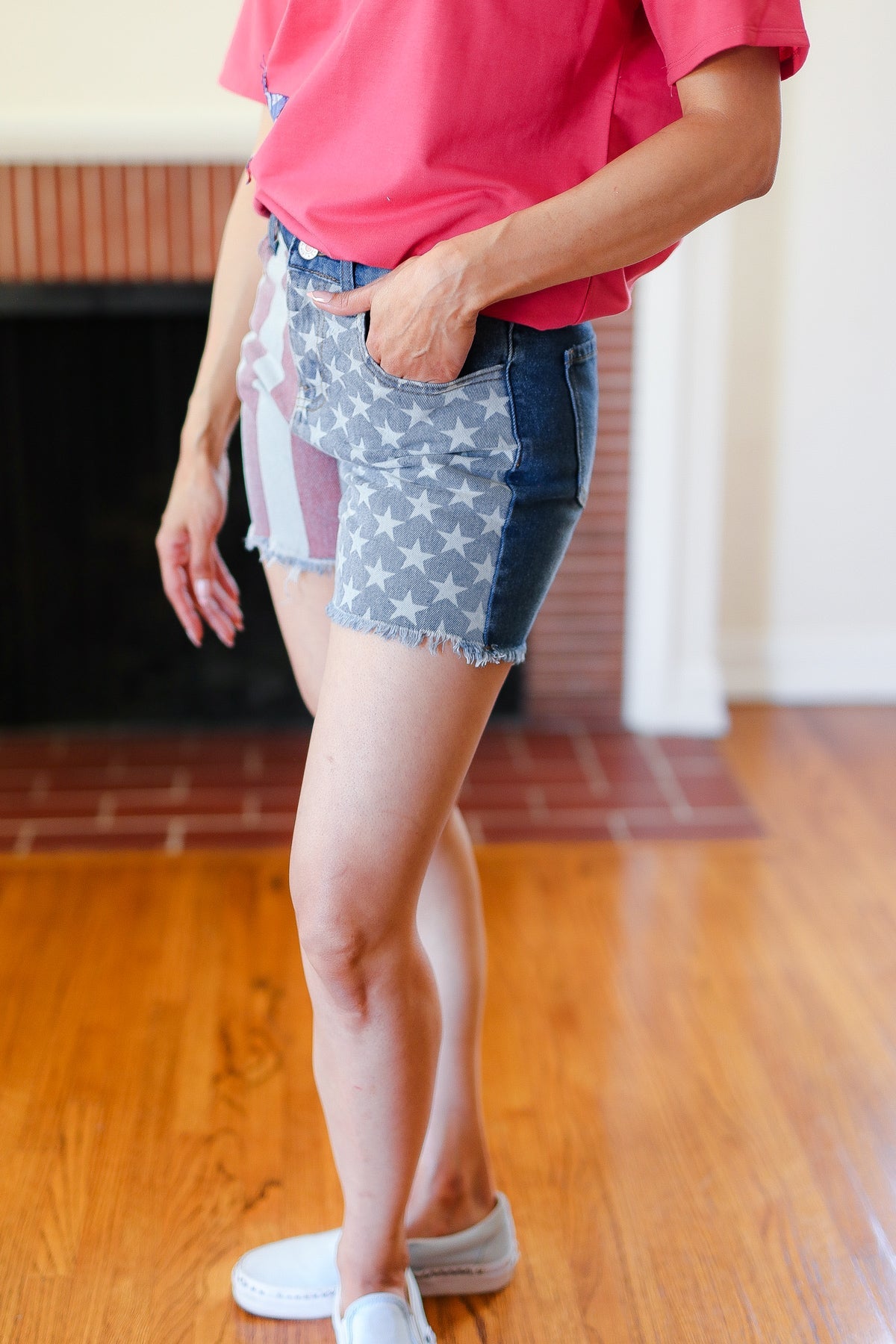 American Flag High Rise Frayed Hem Denim Shorts-2024 Blow-Out Sale-Modish Lily, Tecumseh Michigan