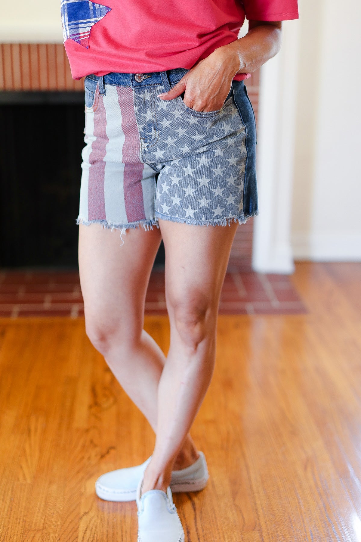 American Flag High Rise Frayed Hem Denim Shorts-2024 Blow-Out Sale-Modish Lily, Tecumseh Michigan