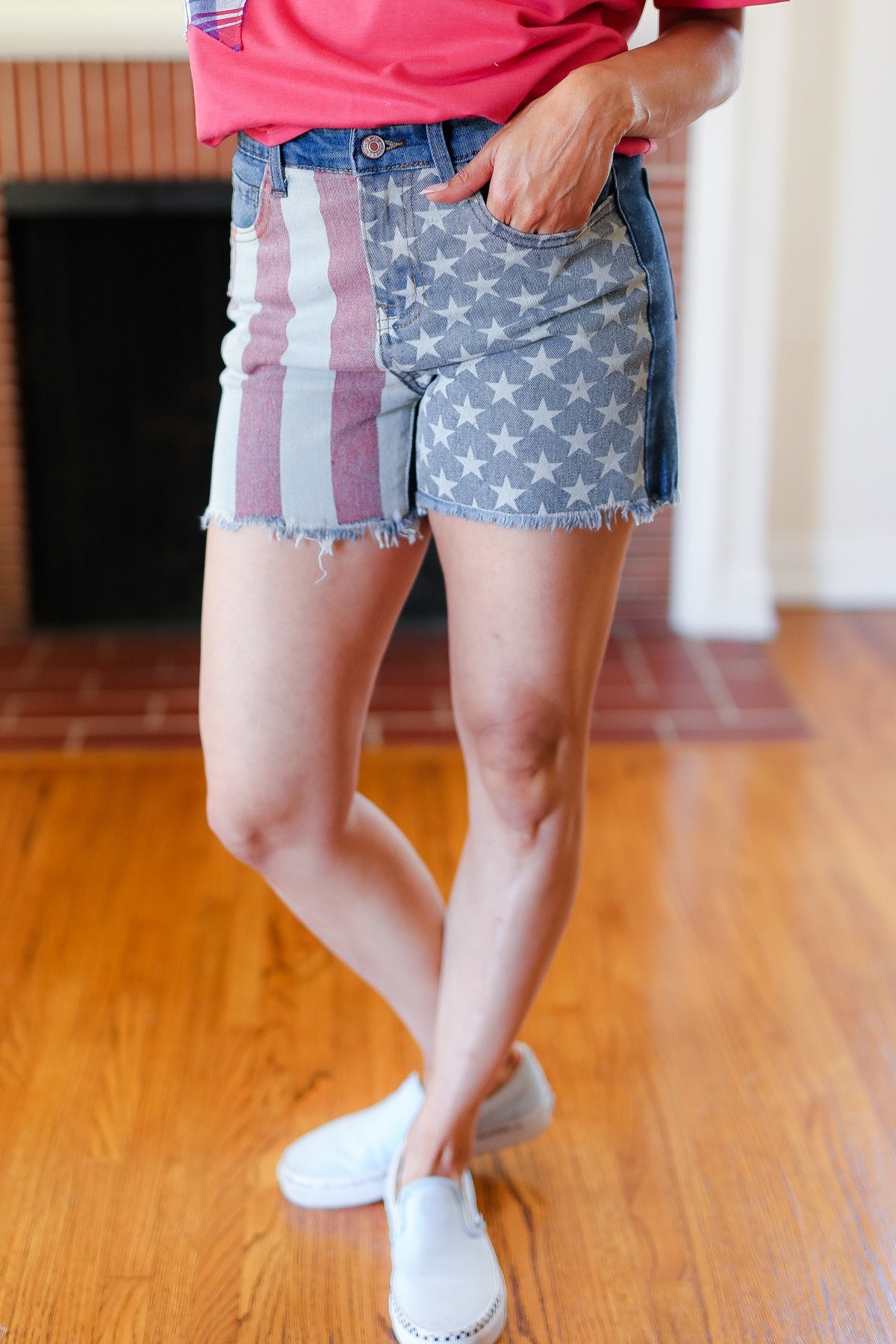 American Flag High Rise Frayed Hem Denim Shorts-2024 Blow-Out Sale-Modish Lily, Tecumseh Michigan